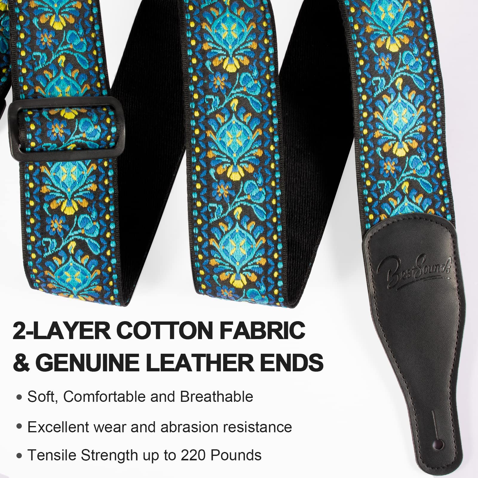 Premium Jacquard Embroidered Cotton Guitar Strap with Genuine Leather Ends - Adjustable Shoulder Strap for Bass, Acoustic & Electric Guitars - Perfect for Live Performances, Studio Sessions & Music Practice