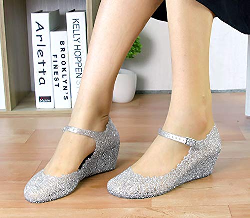 Sicneka Women's Crystal High Heel Jelly Wedge Sandals - Glass Slipper Shoes for Women Size 9 - Silver | Perfect for Weddings, Parties & Special Occasions