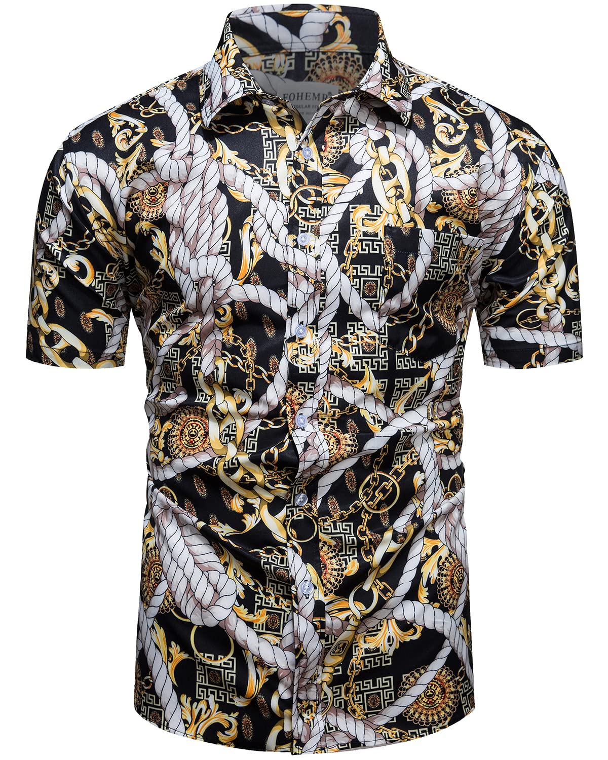 Luxury Men's Black & Gold Baroque Print Short Sleeve Dress Shirt - Chain Design Button Down Casual Shirt for Party, Wedding & Formal Events