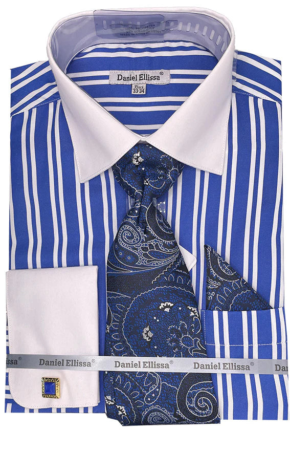 Royal Blue Striped Dress Shirt Set with Tie & Pocket Square | Formal Business Attire for Men | Perfect for Weddings, Office Meetings & Special Occasions