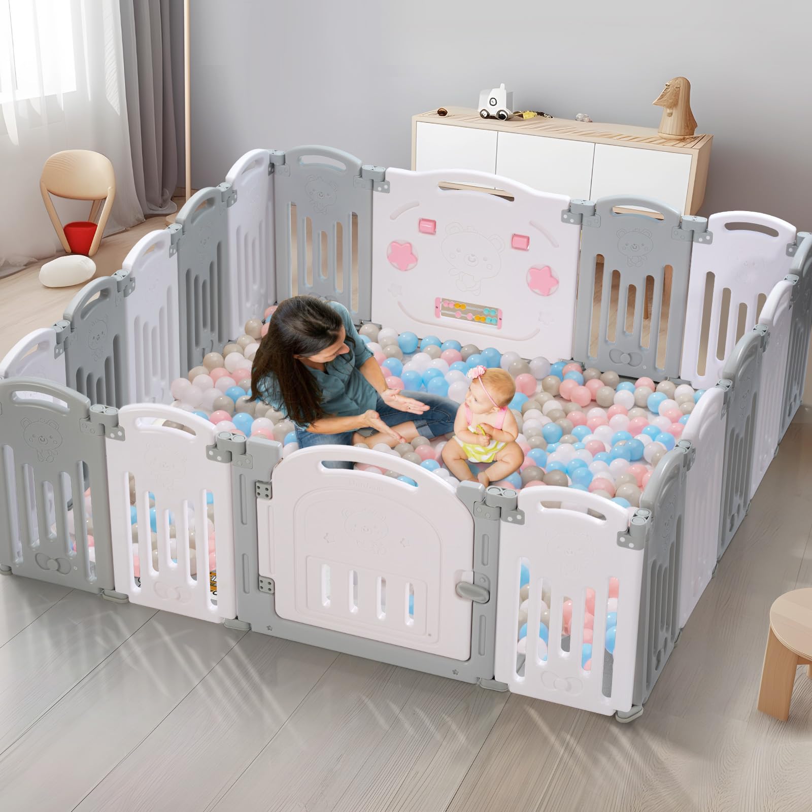 UANLAUO 18 Panel Foldable Baby Playpen - Adjustable Play Yard for Toddlers & Kids, Easy to Assemble Indoor/Outdoor Safety Gate (Grey+White) - Perfect for Playroom, Living Room, Backyard & Park