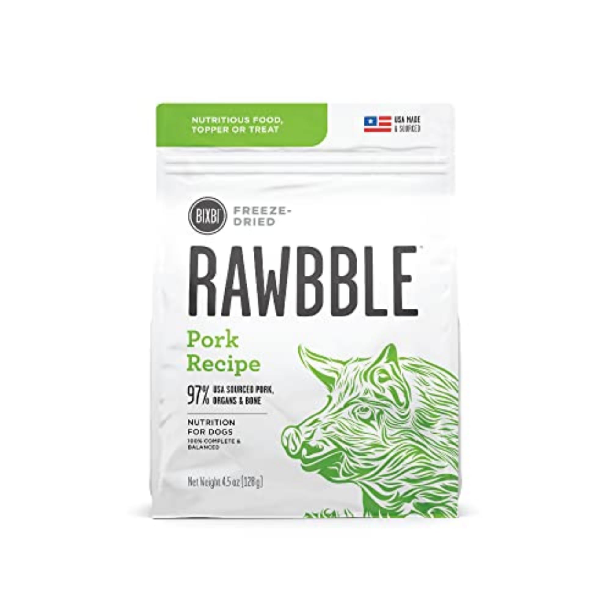 BIXBI Rawbble Freeze Dried Dog Food - Pork Recipe, 4.5 oz | 97% Meat & Organs, Grain-Free, No Fillers | High Protein Raw Dog Food for Adult & Puppy | Perfect for Meal, Treat or Food Topper | Made in USA in Small Batches | Ideal for Travel, Camping & Daily Feeding