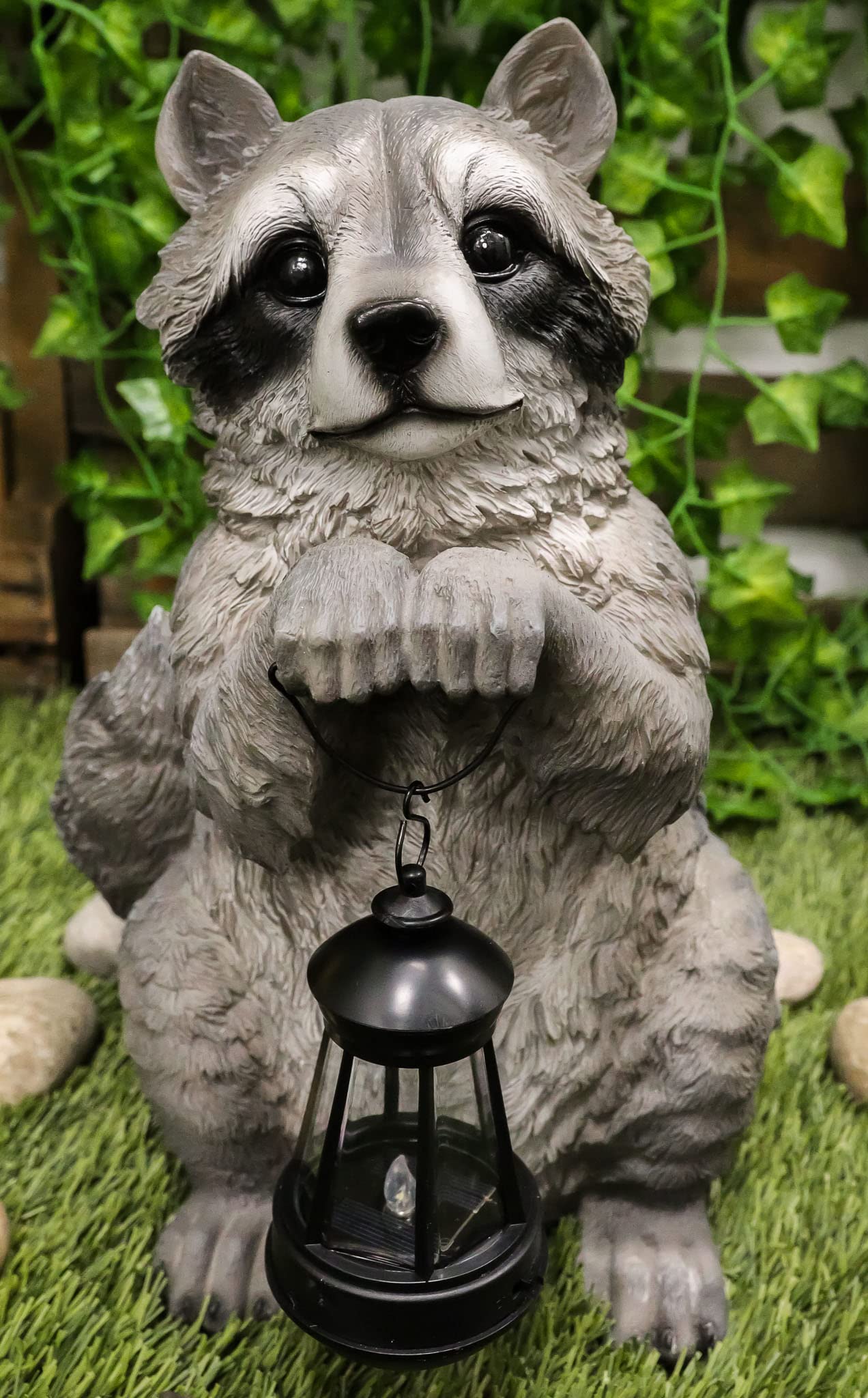Ebros Solar Powered LED Raccoon Statue - Night Bandit North American Raccoon Holding Lantern, Outdoor Patio Decor & Indoor Animal Sculpture - Perfect for Garden, Yard, Porch, and Home Decoration