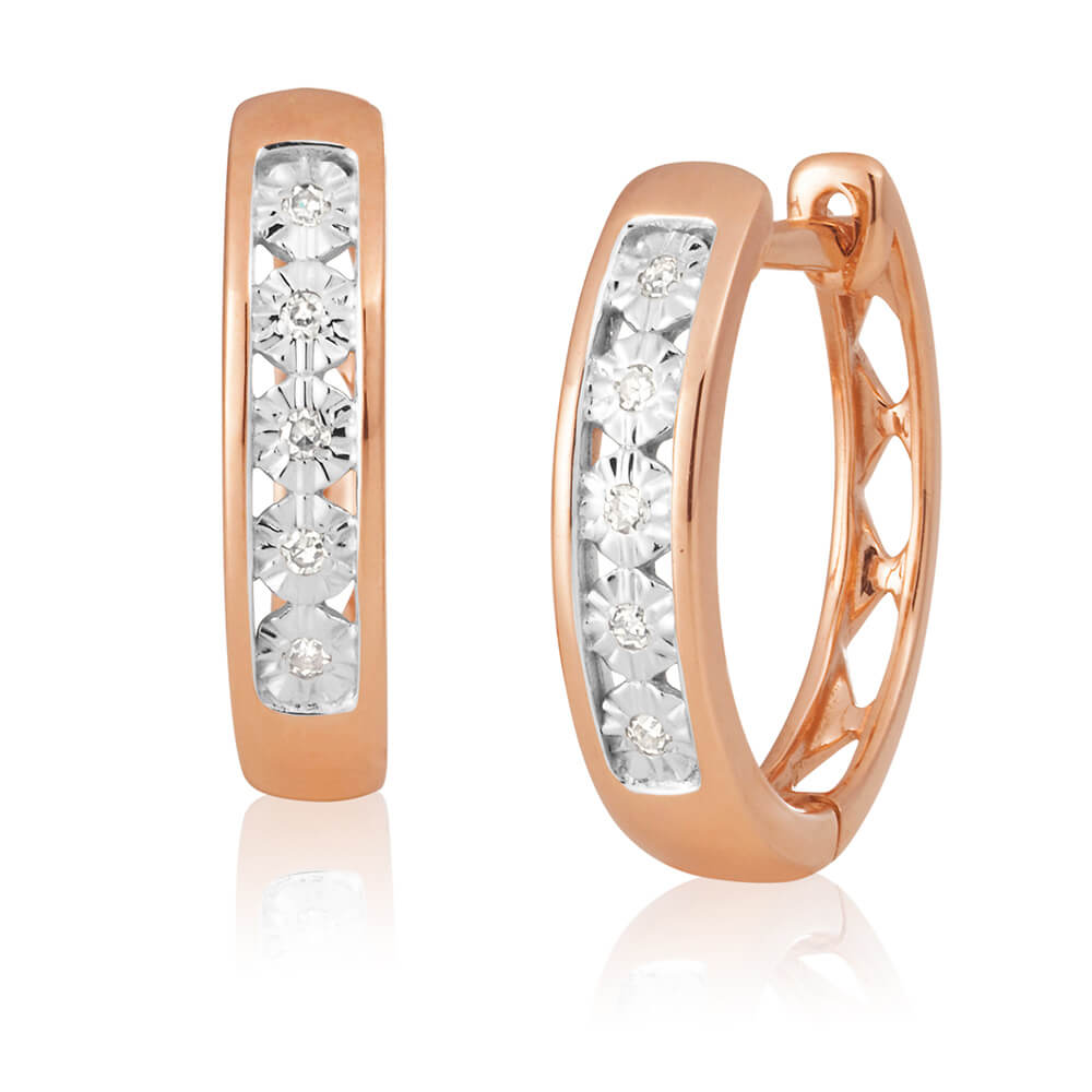 9ct Rose Gold Diamond Hoop Earrings for Women - Elegant 3mm Dainty Huggie Hoops - Perfect for Everyday Wear, Date Night & Special Occasions