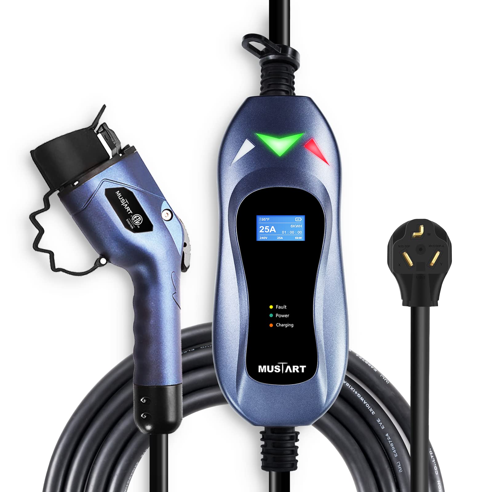 MUSTART Level 2 Portable EV Charger 240V 25ft Cable 25Amp - NEMA 10-30P Plug Electric Vehicle Charging Station for Home & Travel - Fast Charging for Tesla, Chevy, Nissan, BMW EVs