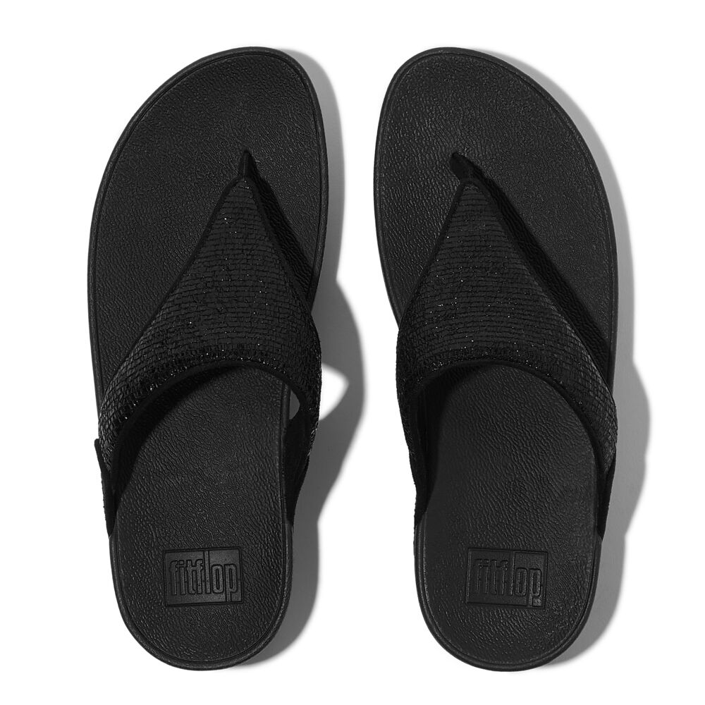 FitFlop Lulu Crinkled Shimmer Sandals for Women - Metallic Black | Comfortable Summer Beach Flip Flops with Arch Support | Perfect for Vacation, Poolside & Casual Outings