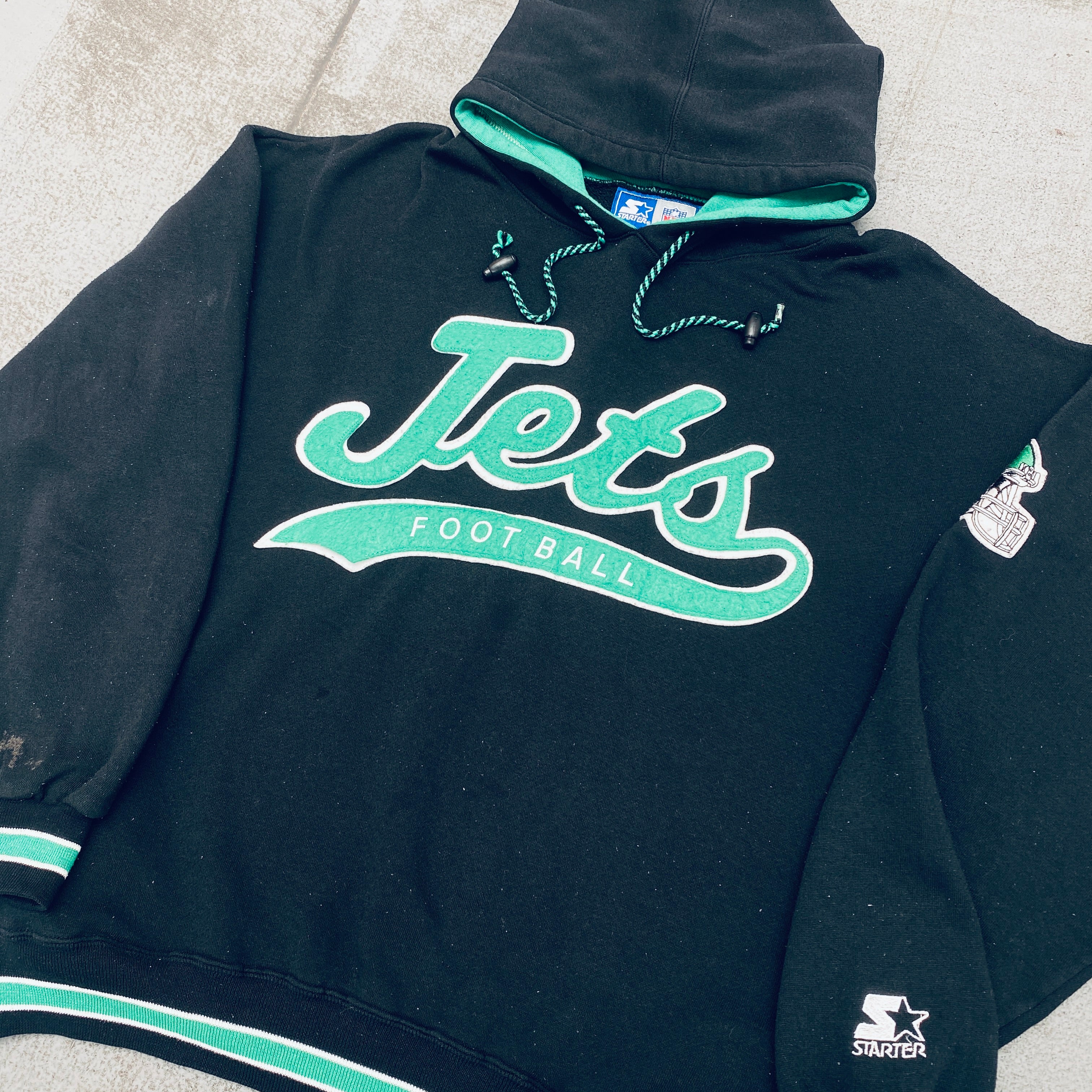 New York Jets 1990s Vintage Stitched Script Spellout Starter Hoodie - Large/XL - Retro NFL Fan Gear for Game Day & Casual Wear