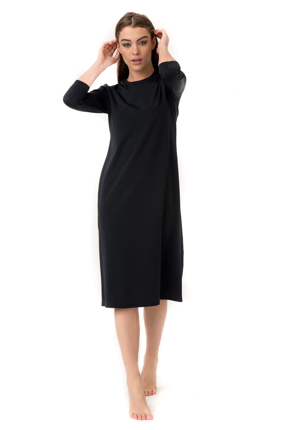 Women's 3/4 Sleeve Black Swim Dress with UPF 50+ Sun Protection - Plus Size Swim Cover Up for Beach, Pool & Vacation Wear
