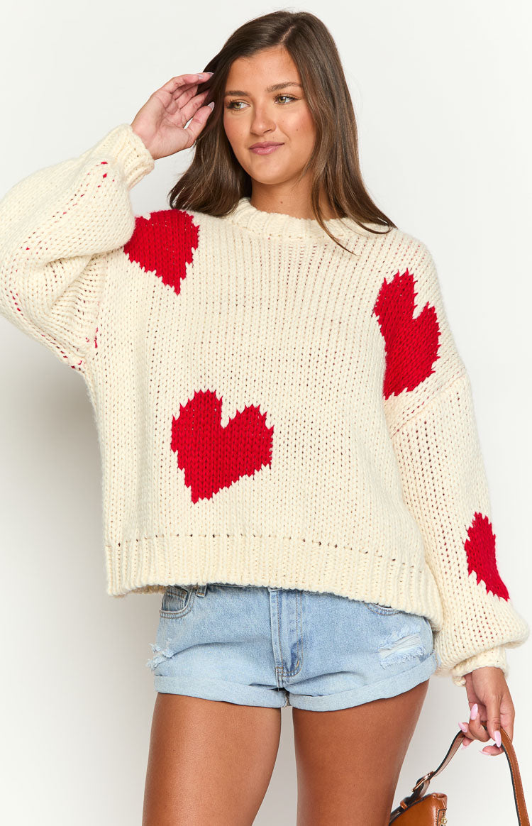Chandi Cream Heart Chunky Knit Sweater for Women - Cozy Oversized Winter Pullover - Perfect for Christmas, Dates & Casual Outfits