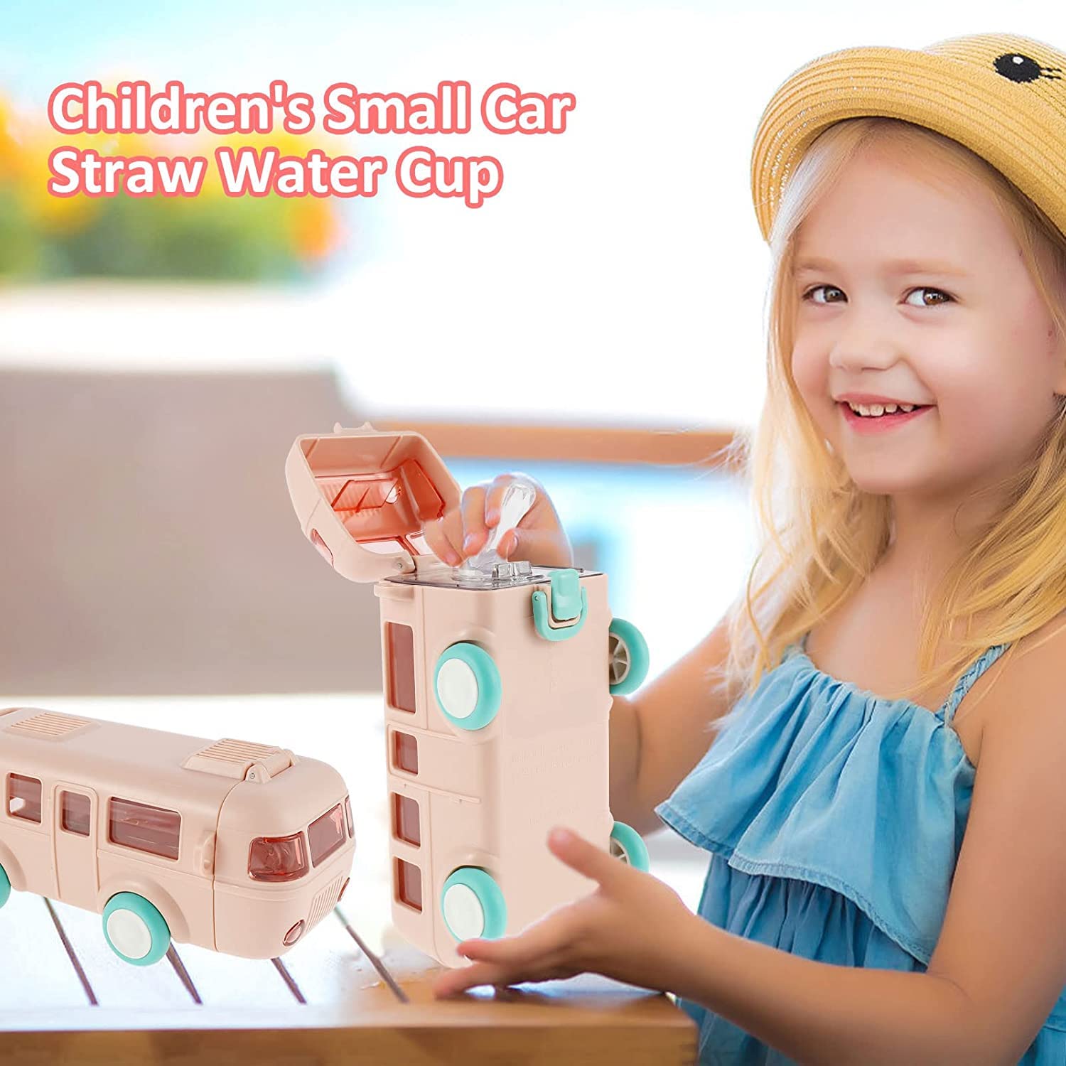 FUNDISINN 16oz Kids Water Bottle with Detachable Straw & Shoulder Strap - Leakproof Cartoon Bus Design Water Cup with Wheels - Perfect for School, Travel & Outdoor Activities (Pink, Gift Ready)