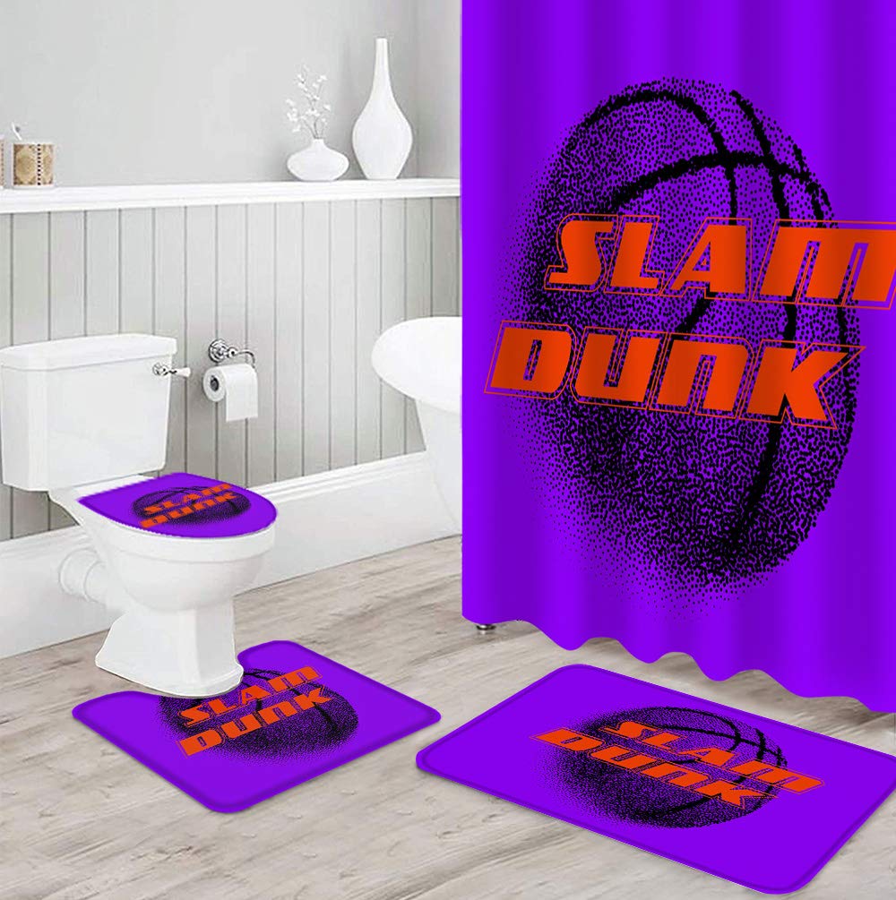 FAMILYDECOR 4-Piece Basketball Bathroom Set - Slam Dunk Dynamic Dot Shower Curtain, Non-Slip Bath Mat, Toilet Lid Cover - Waterproof 36x72 Inch Modern Bath Accessories for Sports Fans & Kids' Rooms