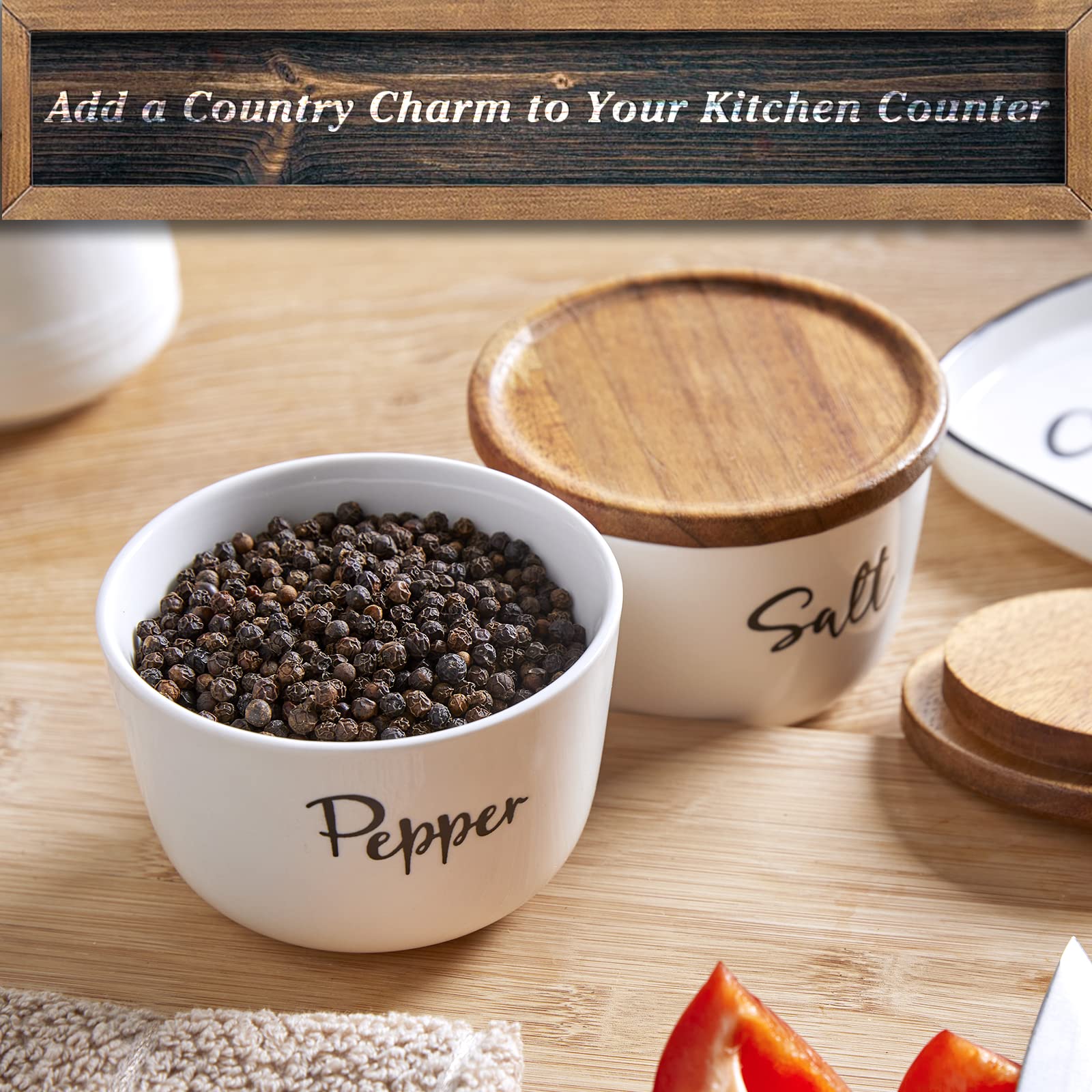 Premium 10 oz Ceramic Salt and Pepper Bowls with Acacia Wood Lid - Stackable Countertop Salt Cellar Set of 2, White - Perfect for Modern Kitchens, Dining Tables & Spice Organization