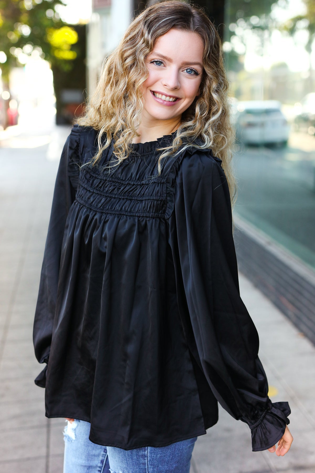 Black Satin Shirred Yoke Frilled Mock Neck Top for Women - Elegant Party & Evening Wear
