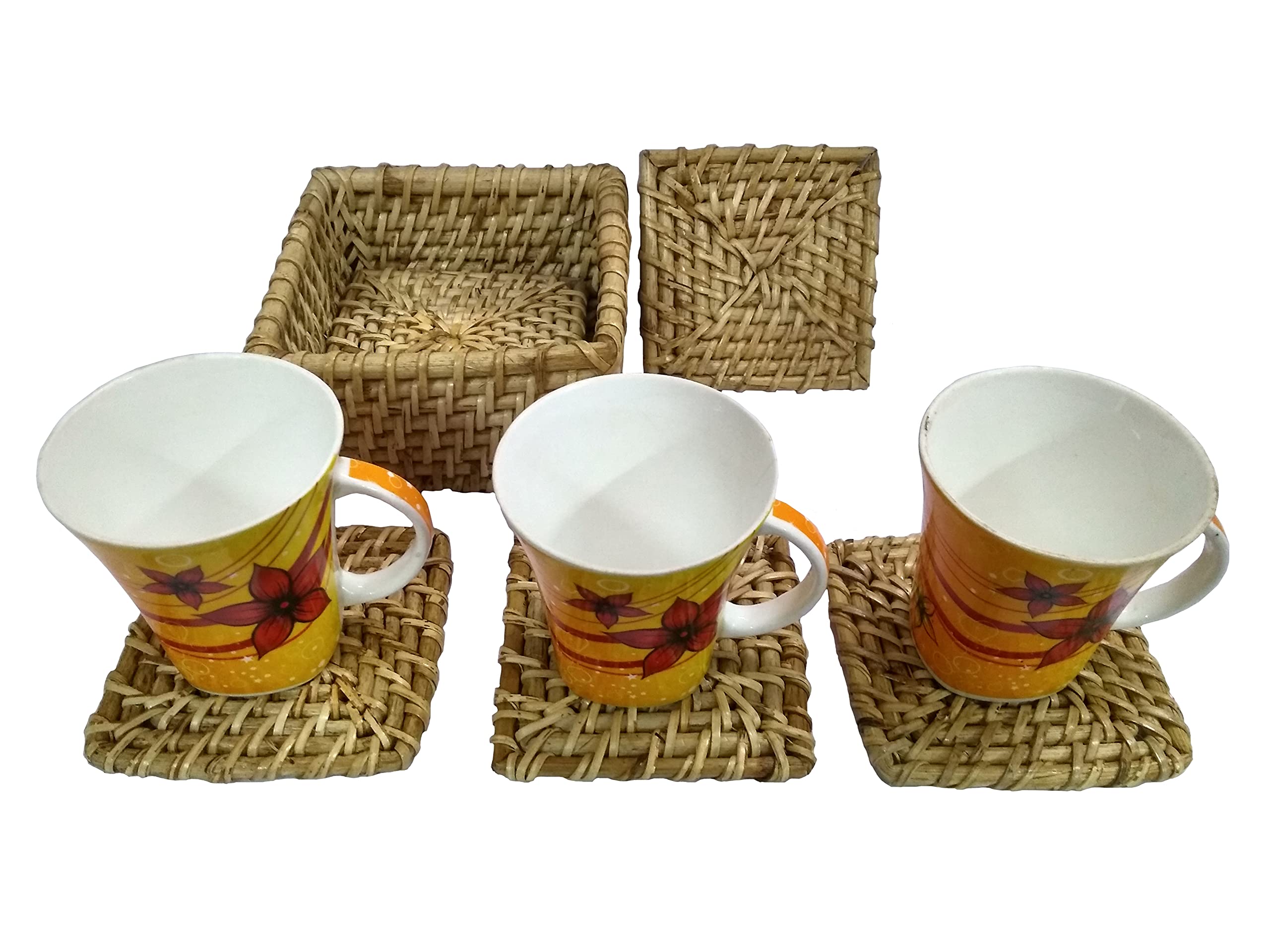Handmade 6-Piece Natural Rattan Coasters Set - Eco-Friendly Cup & Glass Protectors, Heat-Resistant Table Mats for Hot Pots & Dishes (5 Inch) - Perfect for Dining Table, Coffee Table & Kitchen Decor (LHD-1218)