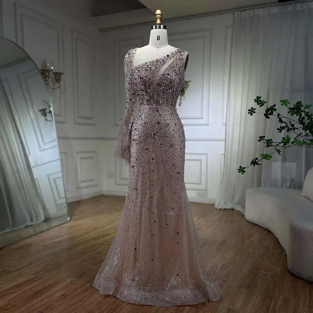 Elegant Pink Mermaid Evening Dress with Crystal Beads & Feather Skirt - Luxury Women's Wedding Party Gown for Prom, Quinceañera & Formal Events 2025 LA72377
