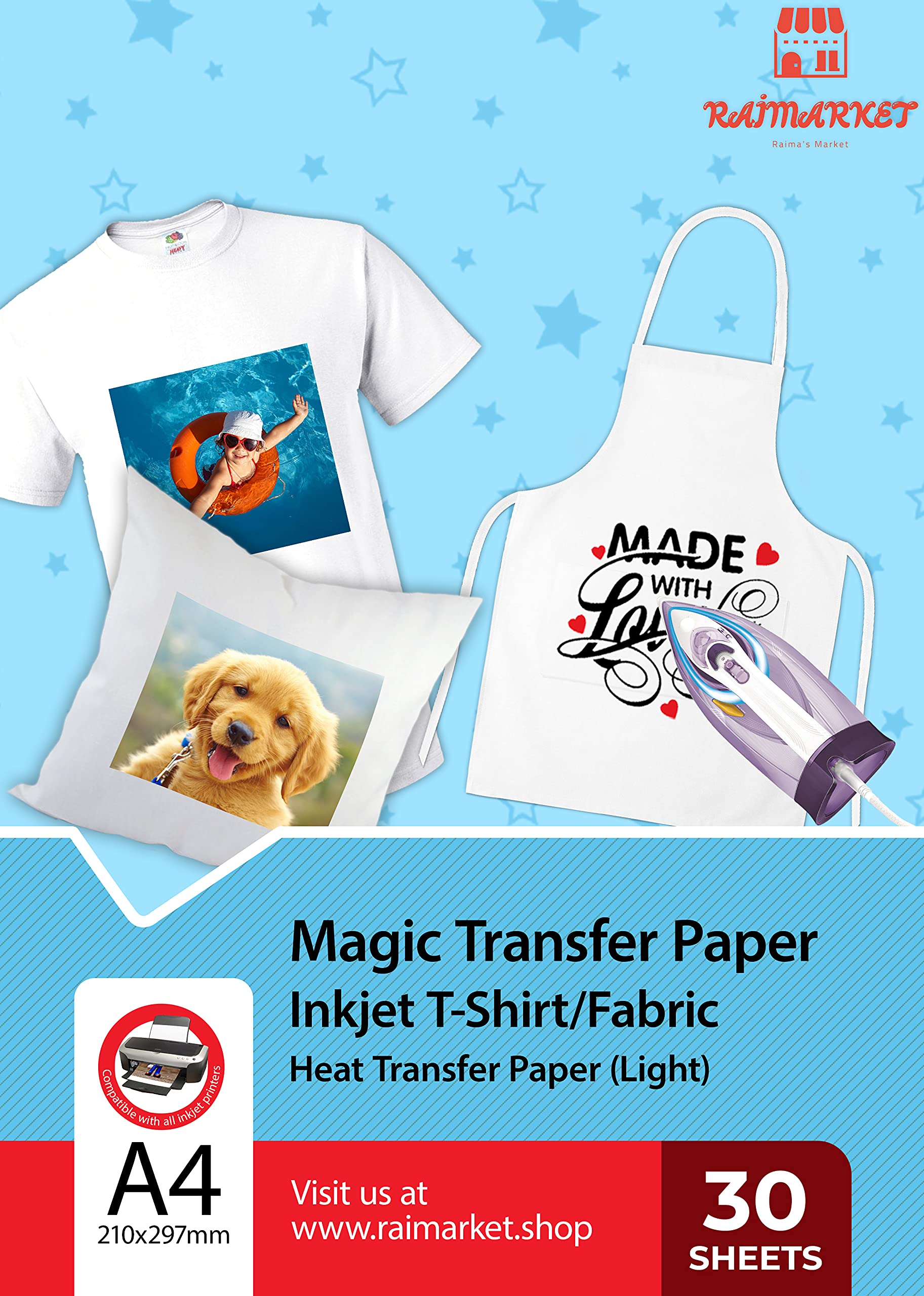 Premium Heat Transfer Paper for T-Shirts & Light Fabrics - 30 Pack A4 Inkjet Printer Compatible Iron-On Transfers | DIY Custom Apparel, Personalized Gifts & Craft Projects | Raimarket Brand