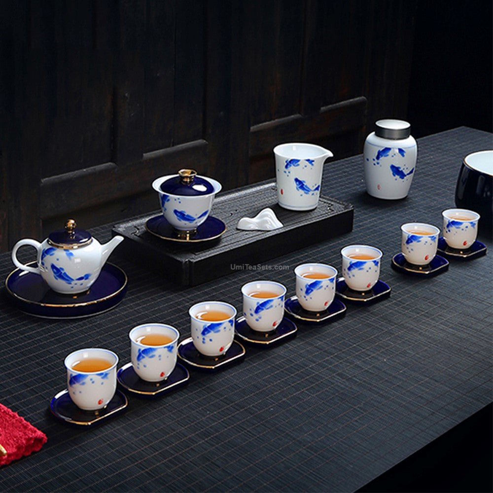 Hand Painted Blue and White Porcelain Goldfish Tea Set - Elegant Chinese Style Tea Cup, Saucer & Teapot for Afternoon Tea, Gift, or Home Decor