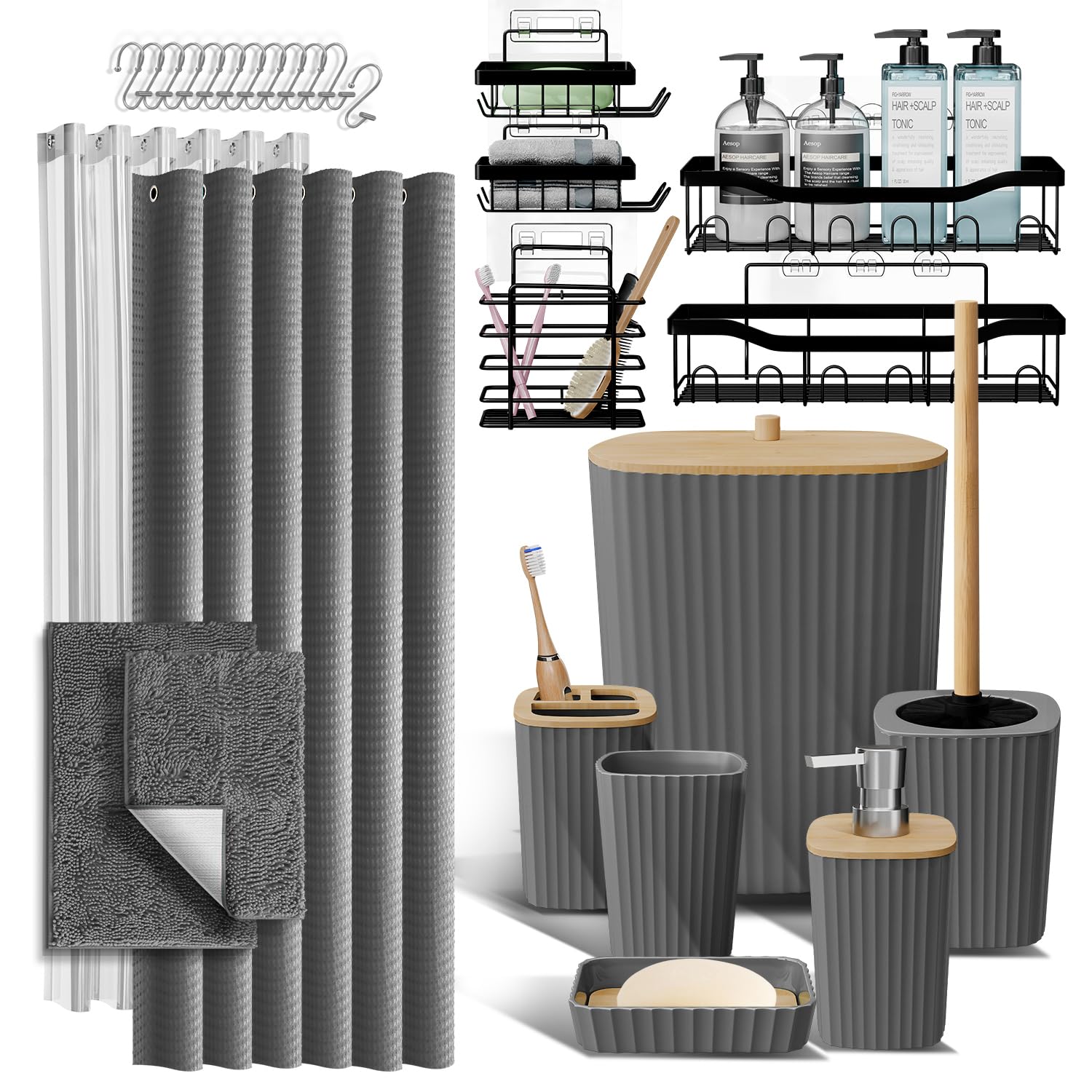 27-Piece Bathroom Accessories Set with Shower Caddy, Grey Bath Rugs, Shower Curtain, Toilet Brush, Trash Can, Soap Dispenser & Toothbrush Holder - Complete Bathroom Organization for Home, Apartment, Hotel & Dorm