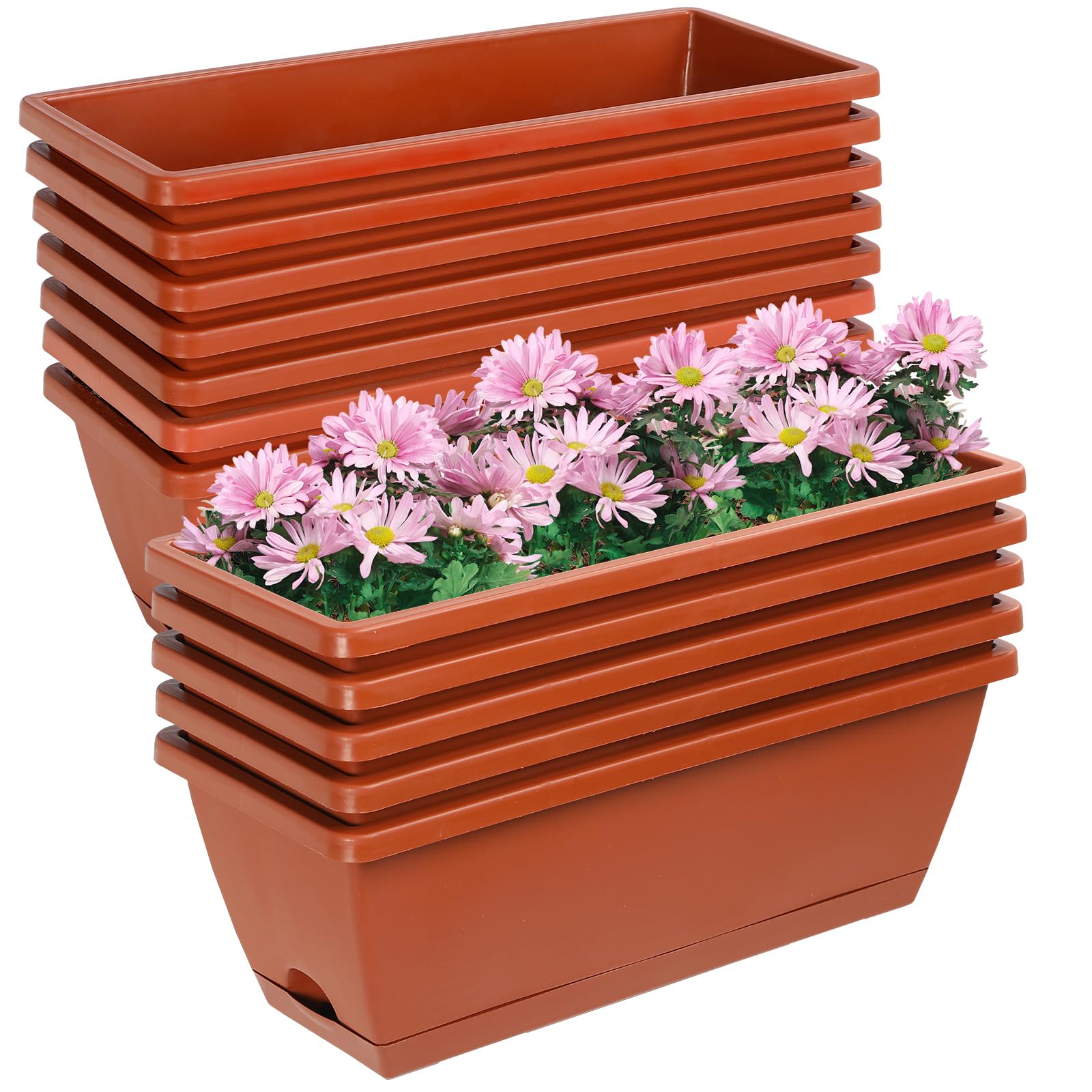 12Pcs 17-Inch Rectangle Plastic Planter Box with Drainage Holes & Trays - Indoor Outdoor Flower Pots for Plants, Patio, Garden, Home Decor, Porch, Yard - Perfect for Herbs, Succulents, Flowers & Vegetable Gardening (Red)