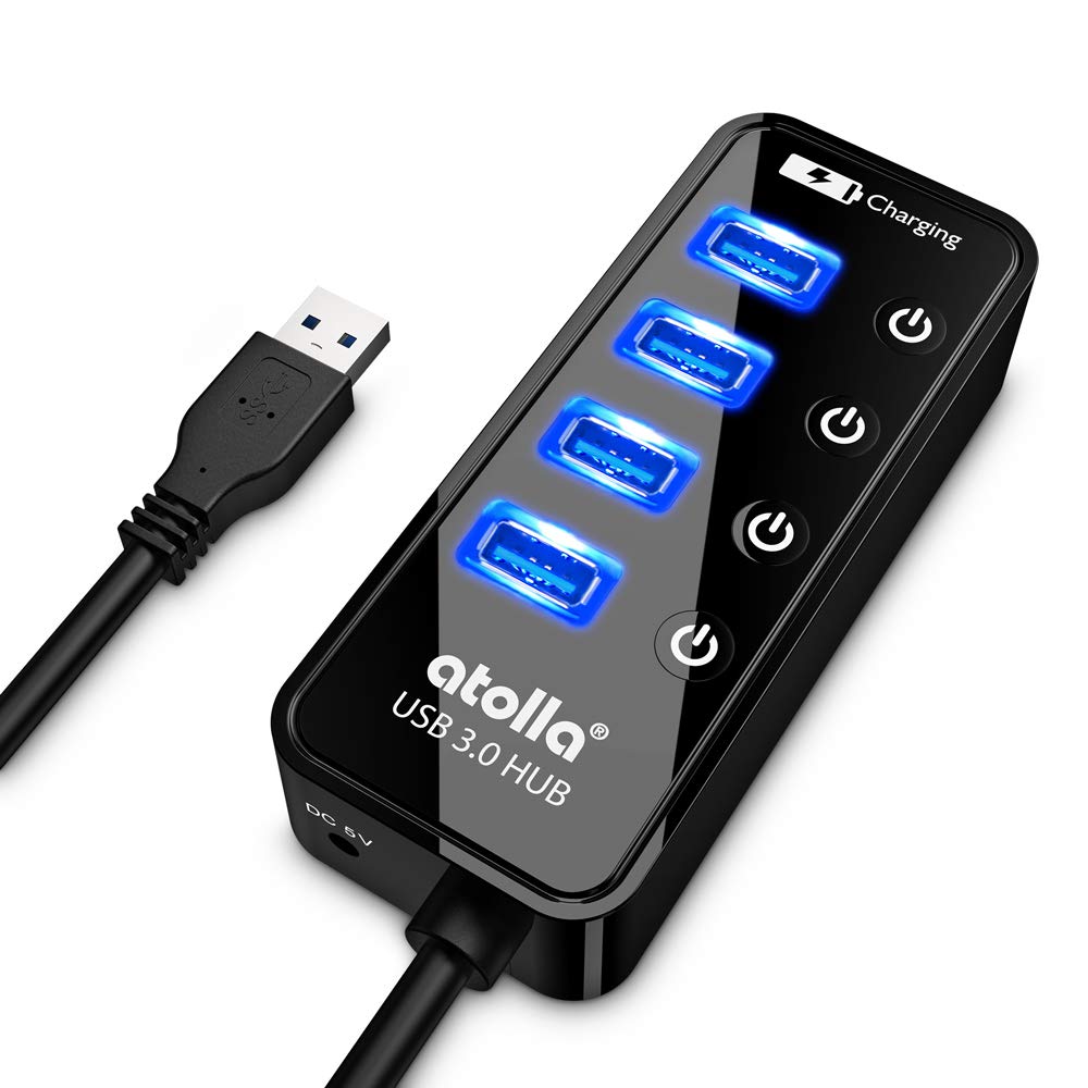 Atolla 4-Port USB 3.0 Hub with On/Off Switches & 1 Charging Port - High Speed Data Transfer (2ft Cable) for Laptop, PC, Mac - Perfect for Home Office, Gaming & Multi-Device Setup