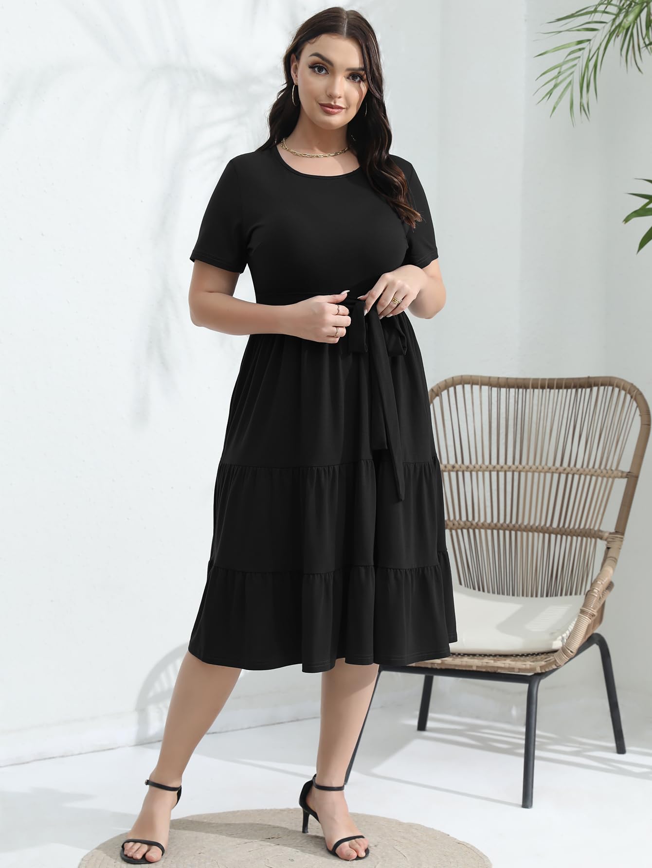 Elegant Plus Size Floral Midi Dress for Women 2025 - Tiered Flowy Belted Modest Wedding Guest Dress with Pockets | Perfect for Weddings, Parties & Special Occasions