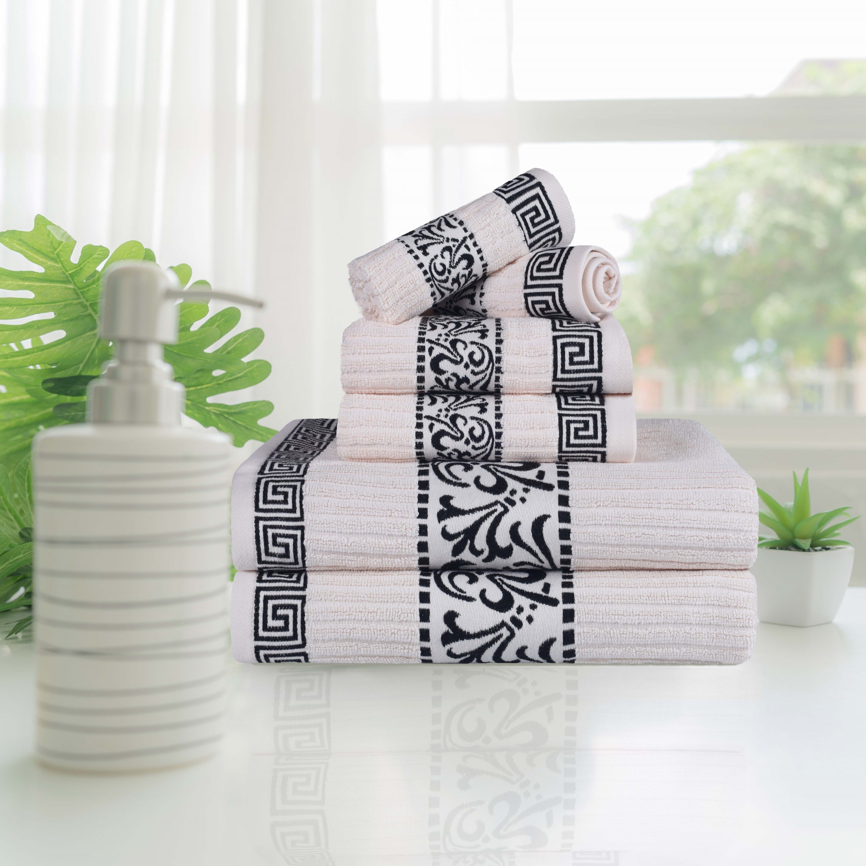 Athens Cotton Greek Scroll and Floral 6-Piece Bath Towel Set - Soft & Absorbent for Bathroom, Spa, and Beach Use