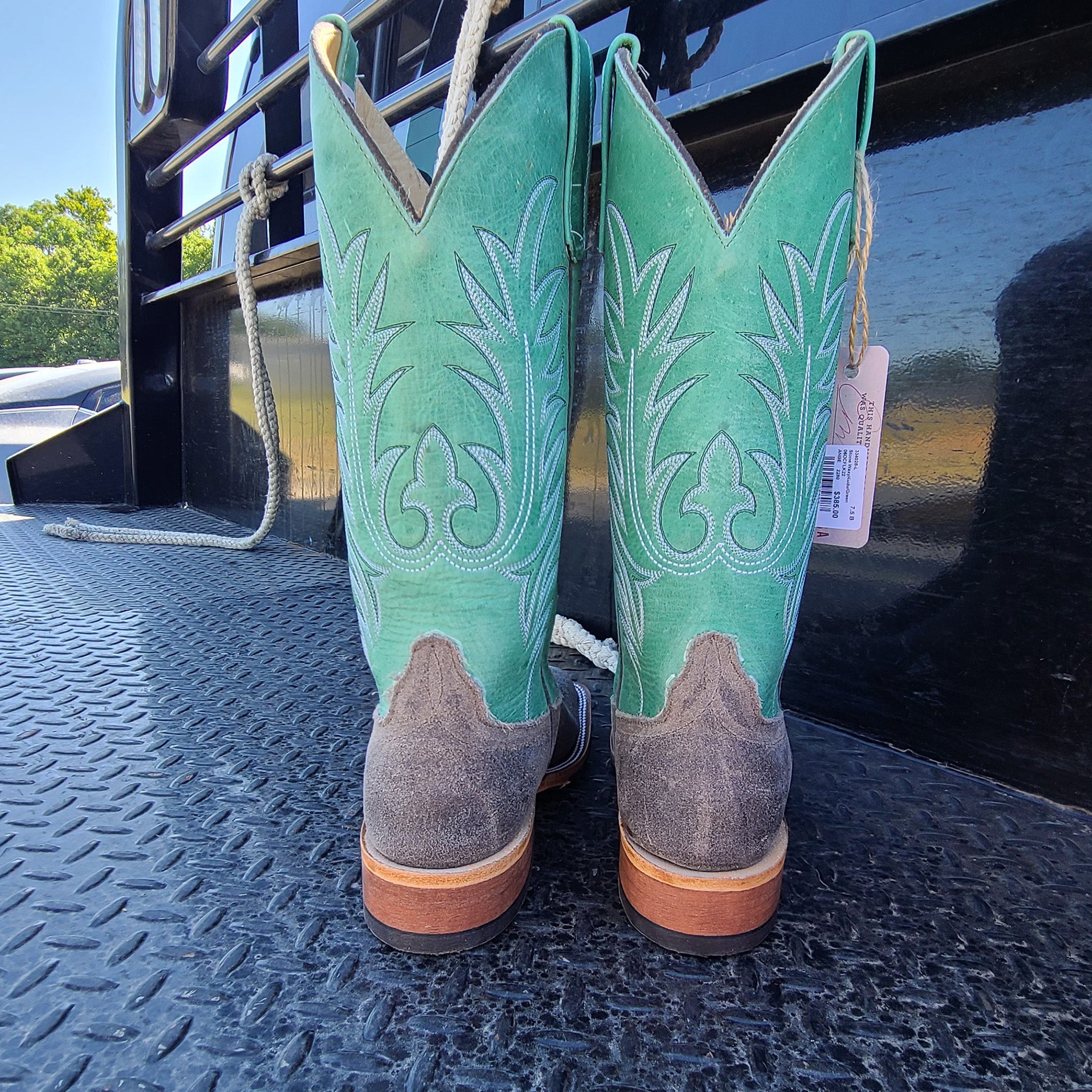 Anderson Bean Women's Stone & Mint Kudu Leather Square Toe Cowboy Boots - Perfect for Western Rides, Country Dancing & Fashion Outfits