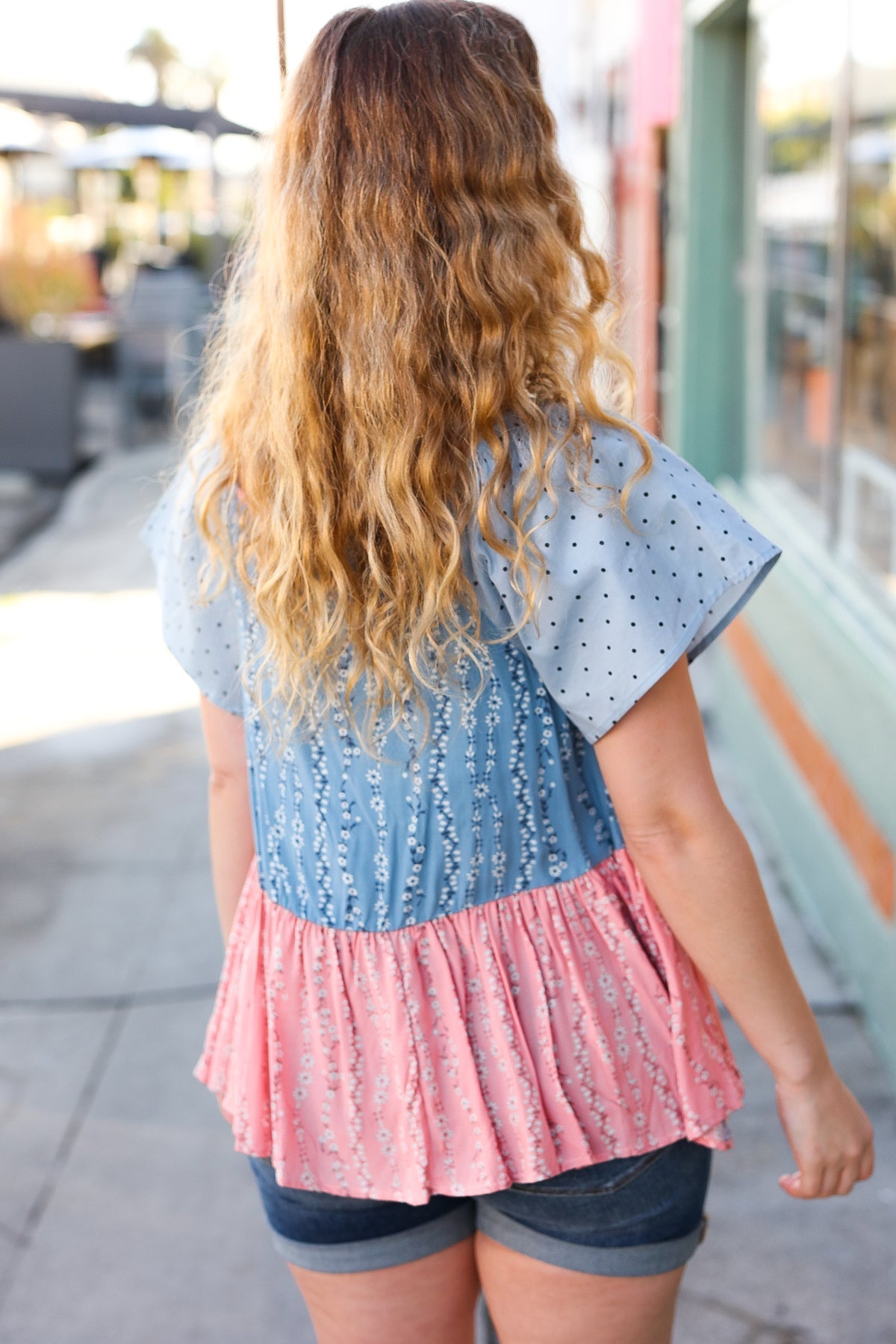 Blue & Pink Polka Dot Floral Tie Front Babydoll Top - Women's Cute Summer Crop Tops for Casual Outfits, Beach Wear & Date Nights