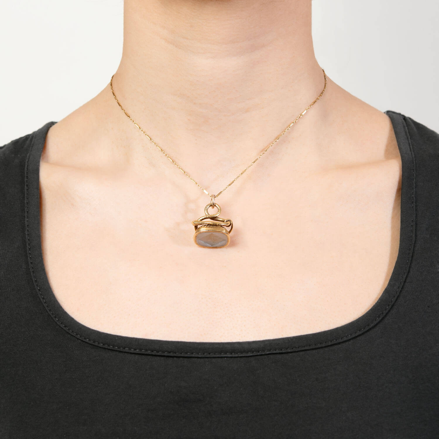 Victorian Style 14k Gold Agate Snake Motif Fob Pendant - Vintage Jewelry for Necklace, Bracelet & Gift Giving