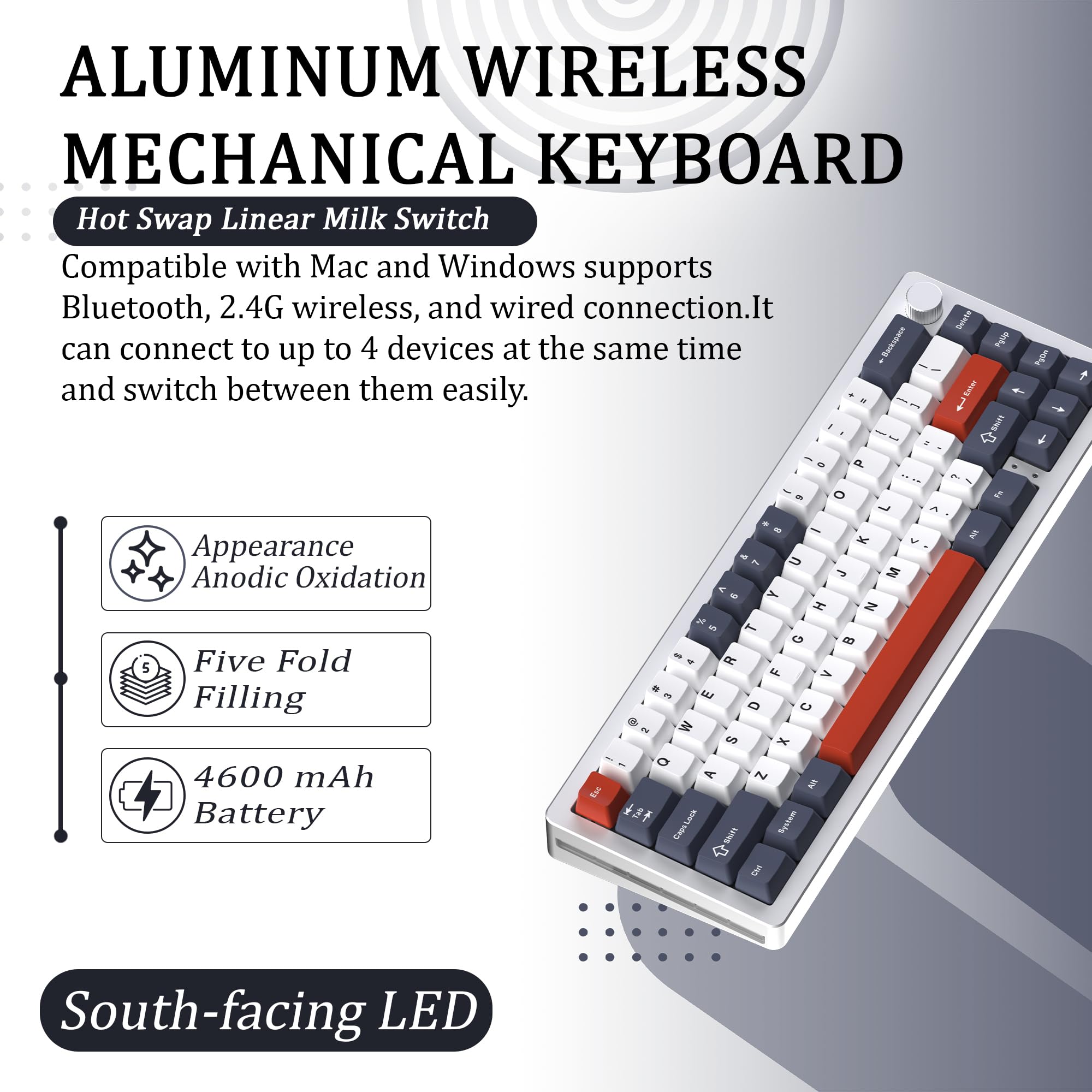 EMB Nabi Series NB1 65% Wireless Mechanical Gaming Keyboard - 66 Keys, CNC Aluminum Frame, RGB Backlit, Hot-Swappable Switches, 4600mAh Battery, Milk Linear Switches, Wired/Bluetooth/2.4G Connectivity (Silver/Blue) - Perfect for PC Gaming, Office Work, and Typing Enthusiasts