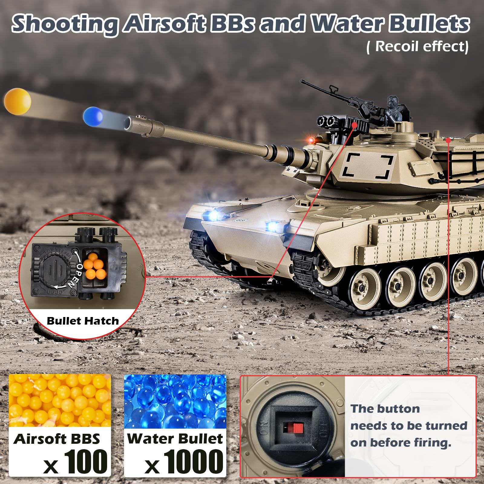 1:18 Scale M1A2 Abrams RC Tank - 2.4GHz Remote Control Military Vehicle with Smoke, Light & Sound Effects | 15-Channel Battle Tank Shoots BBs & Water Bombs | Realistic Army Toy for Adults & Kids | Outdoor Play, Collectible Display & War Simulation