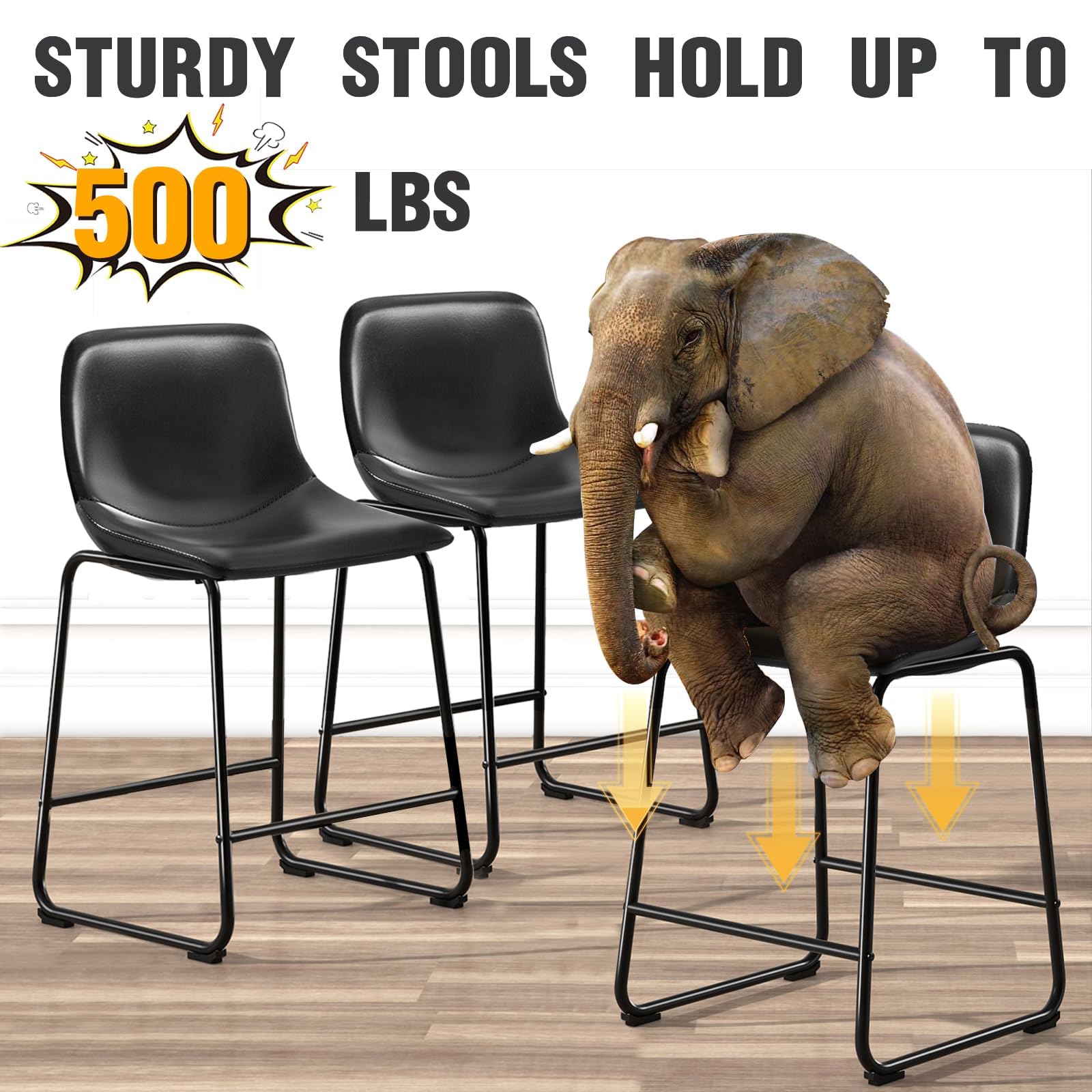 Modern Black Counter Height Bar Stools Set of 3 - Armless Kitchen Island Chairs with Back Support & Sturdy Metal Legs - Perfect for Home Bars, Kitchen Islands, Coffee Shops and Restaurant Dining Areas