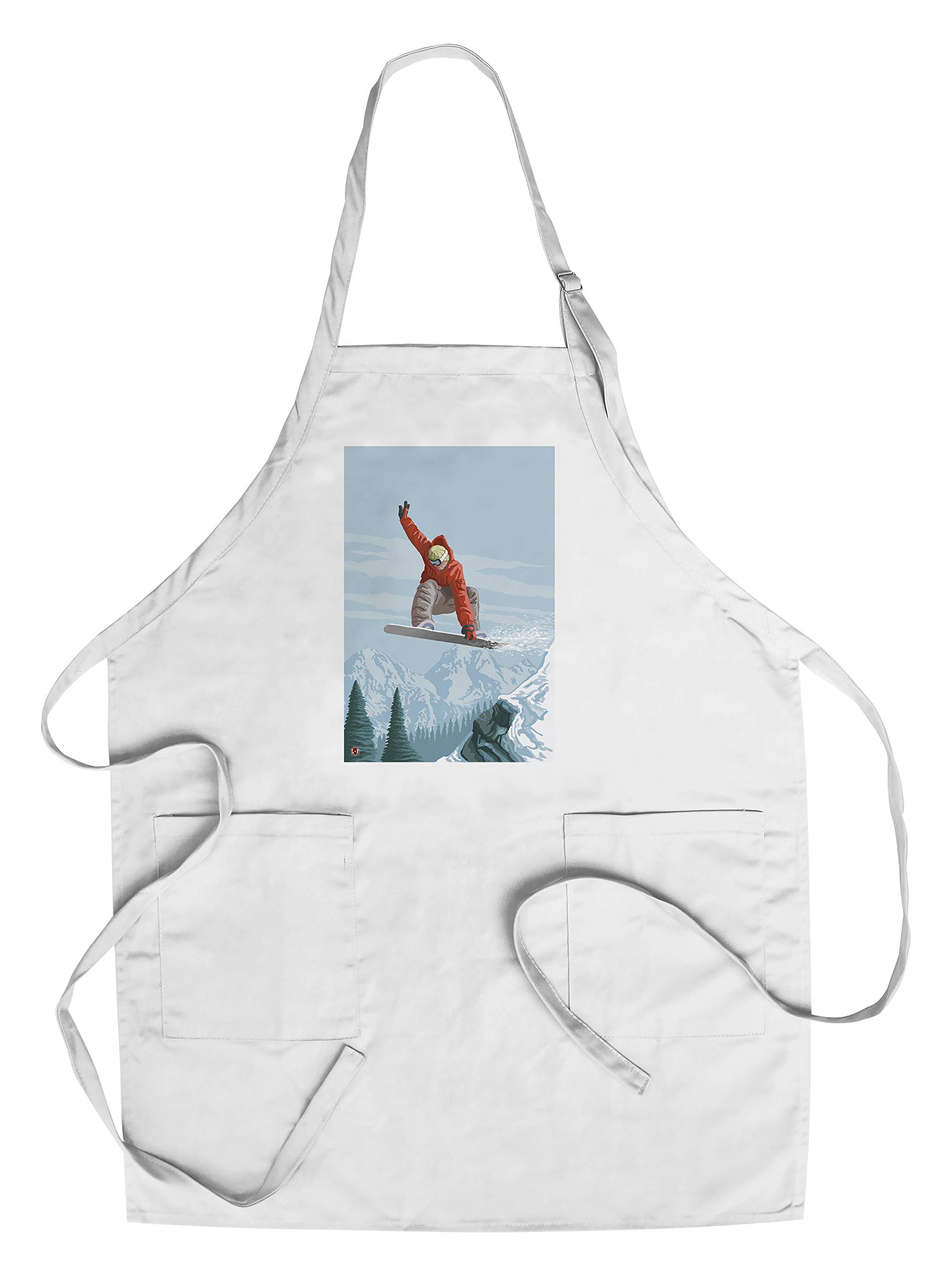 Snowboarder Jumping Illustration Print Cotton Canvas Apron - Unisex Kitchen Cooking Baking Grilling Apron with Pockets - Perfect for BBQ, Baking & Outdoor Cooking