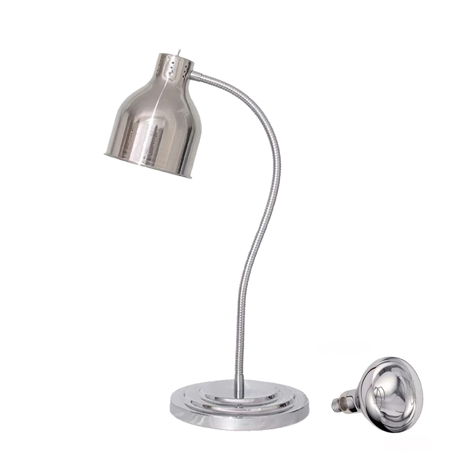 Commercial Single Bulb Food Heat Lamp - Silver Restaurant Food Warmer Light with Adjustable Arm for Buffets, Catering & Kitchen Use - Portable Heating Lamp for Keeping Meals Warm