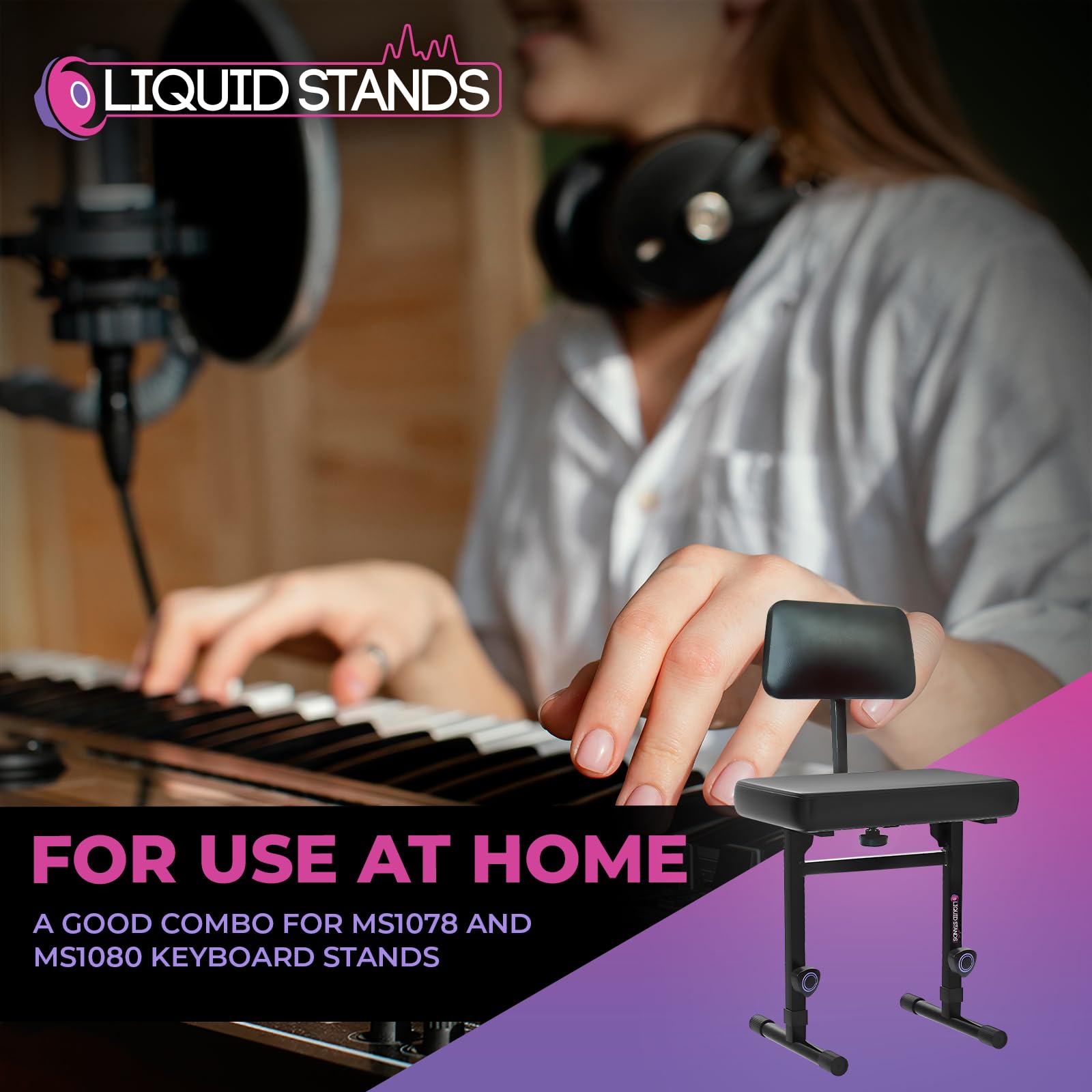 Adjustable Piano Bench with Backrest & Black Padded Cushion - Ergonomic Keyboard Stool for Musicians, Digital Piano & Keyboard Stand - Perfect for Home Studios, Music Lessons & Live Performances