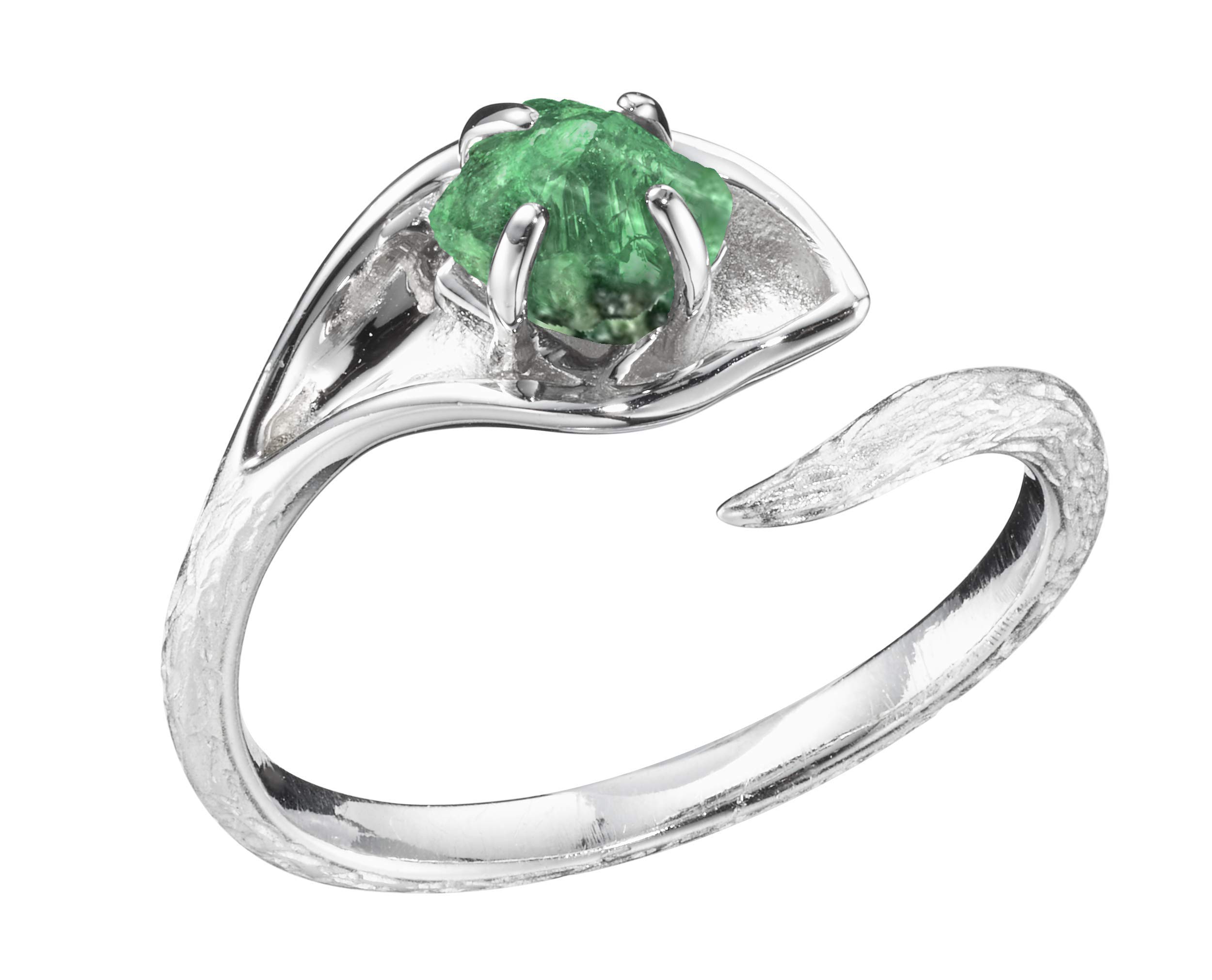 Majade 14K White Gold Raw Emerald Wedding Ring Set - Handmade Nature-Inspired Twig & Flower Design Bridal Ring Set for Engagement & Wedding - Perfect for Boho, Vintage, and Nature-Themed Ceremonies