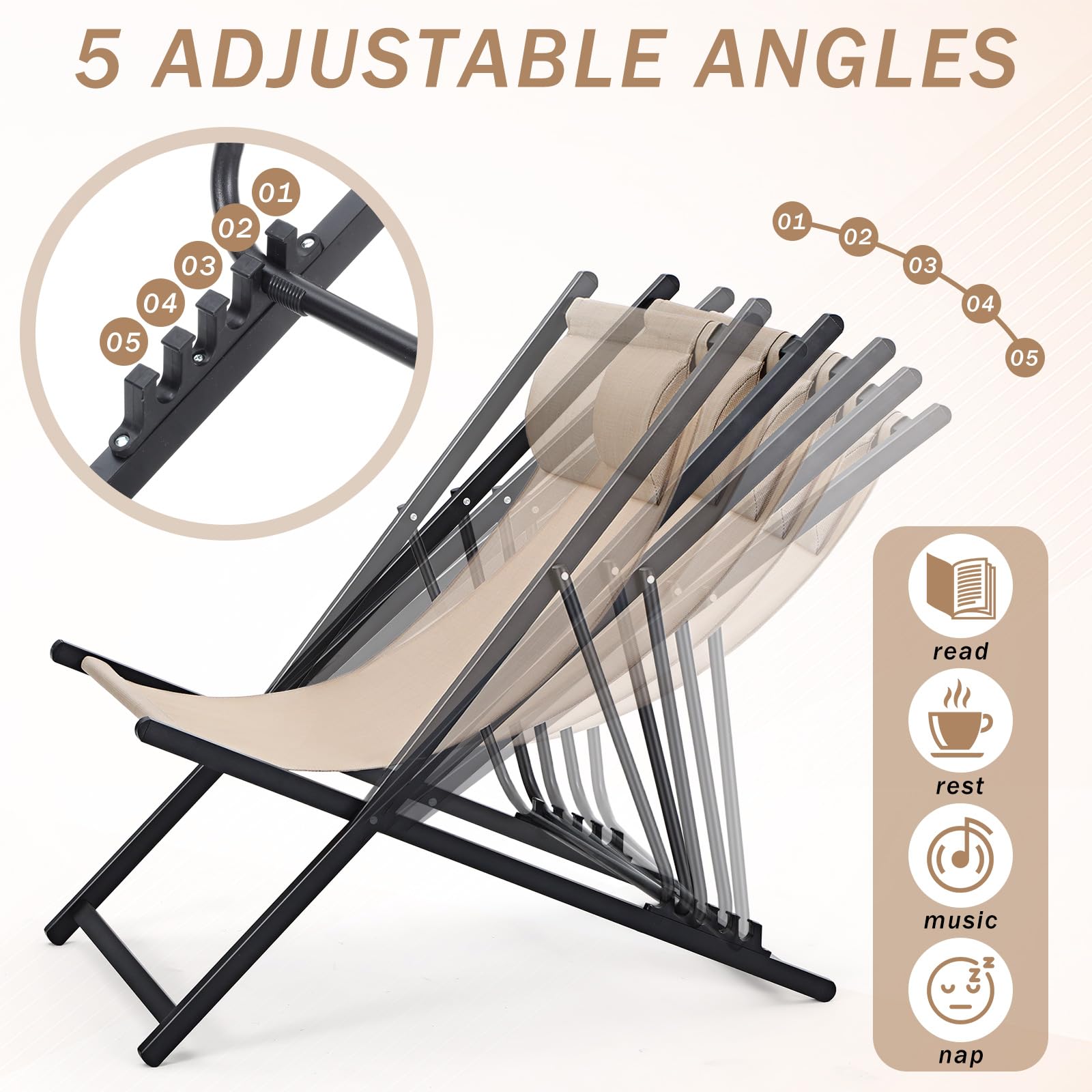 2 Pack Foldable Outdoor Lounge Chairs with Adjustable Headrest - Portable Patio Sling Chairs with 5-Level Height Adjustment & Aluminum Frame - Perfect for Beach, Pool, Camping, Garden, Yard, and Lawn Relaxation (Beige)