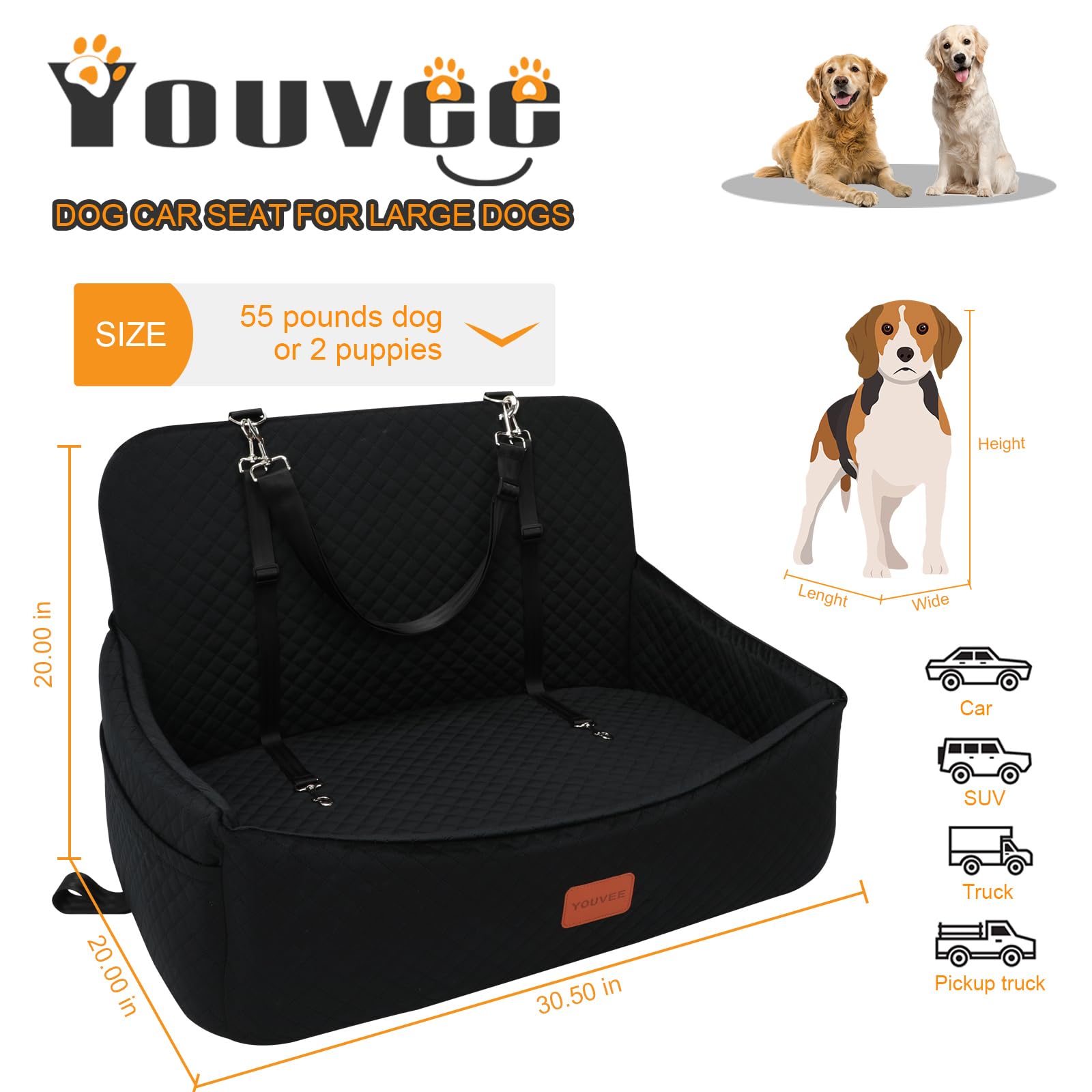 Youvee Dog Car Seat for Large & Medium Dogs - 4