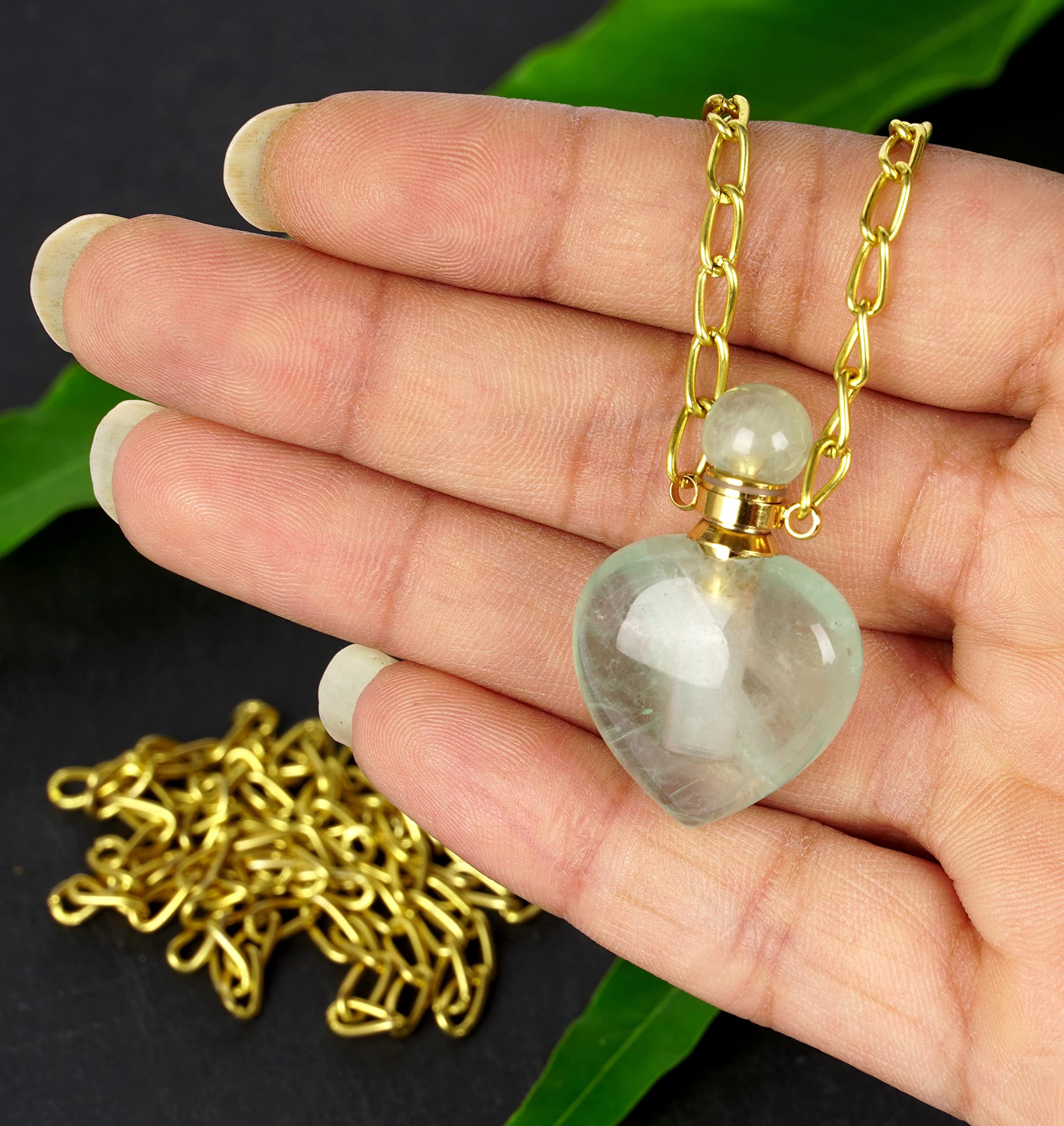 Natural Green Fluorite Pendant Necklace - Healing Crystal Gemstone Perfume Bottle Necklace for Men & Women with Gold Plated Chain | Essential Oil Diffuser Jewelry for Meditation, Yoga & Spiritual Healing
