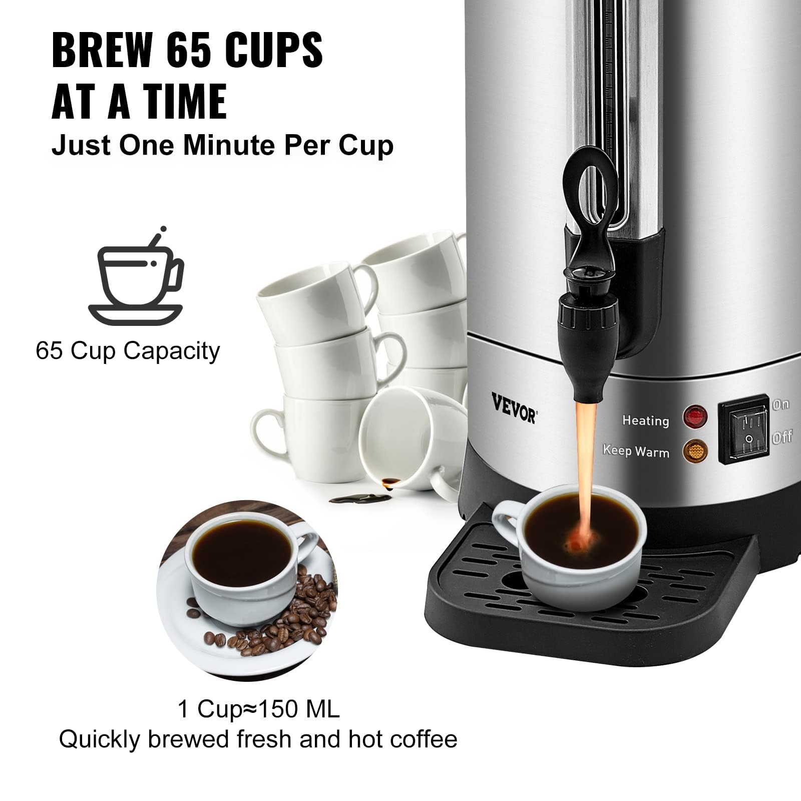 VEVOR 65-Cup (9.75L) Commercial Coffee Urn with Level Window - 1500W Large Capacity Coffee Maker for Events, Catering & Offices - Perfect for Weddings, Parties & Restaurants