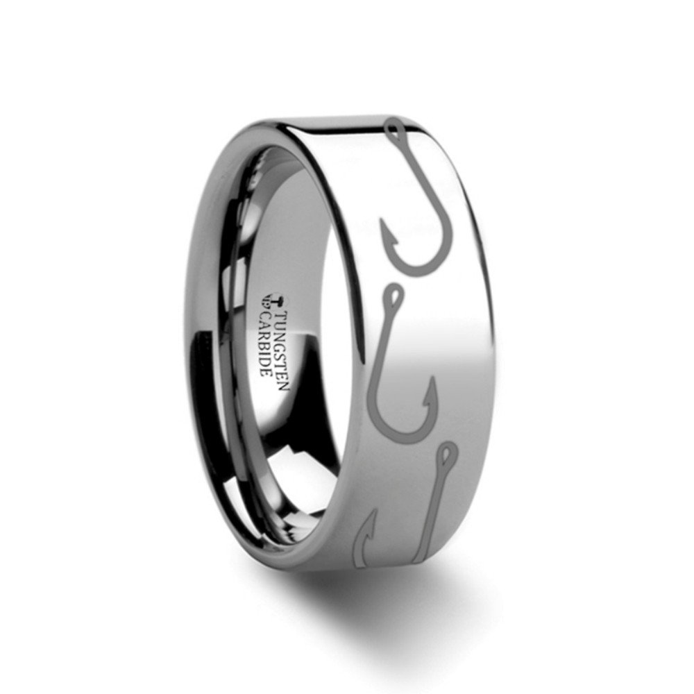 10mm Wide Flat Tungsten Wedding Band - FISH HOOK Design Sport Fishing Print Pattern Ring for Men - Durable & Scratch-Resistant Jewelry for Outdoor Enthusiasts, Anglers, and Everyday Wear
