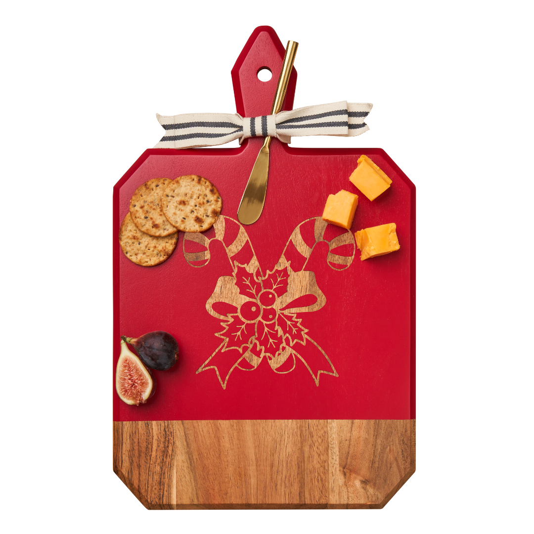 Acacia Wood Heirloom Cheese Board with Gold Spreader & Ribbon – 16 x 10 Inch Red Rectangle Charcuterie Tray for Holiday Gifts, Christmas Party Serving, and Cheese Platter Presentation