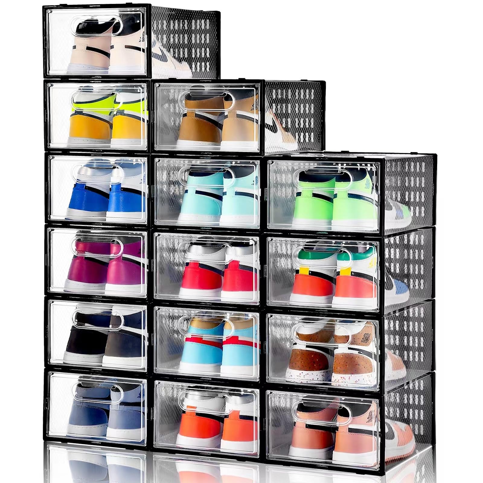 Clemate 15 Pack Clear Plastic Stackable Shoe Storage Boxes with Magnetic Door - Foldable Shoe Organizer for Closet, Sneaker Display Case, Shoe Rack Container for Bedroom, Entryway & Dorm Organization