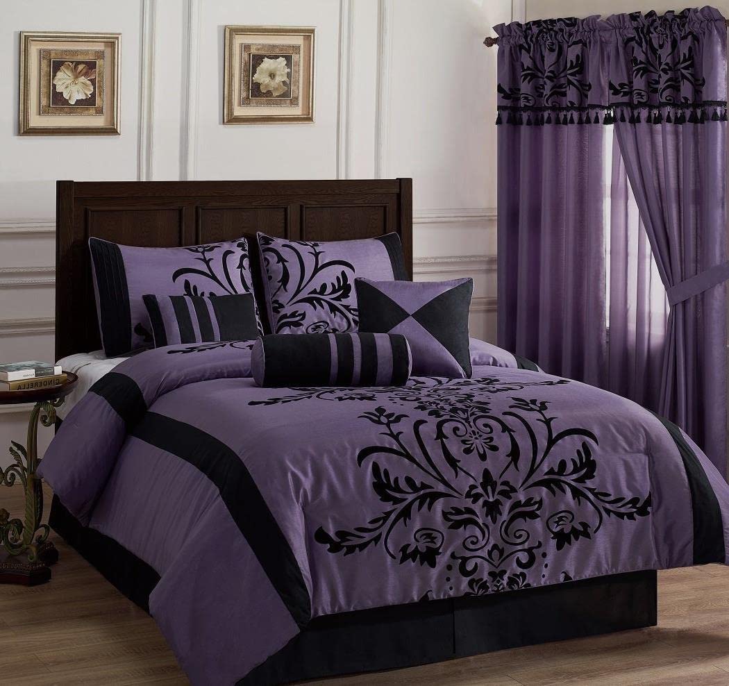 Chezmoi Collection Nobility 7-Piece Faux Silk Comforter Set Full - Luxury Violet & Black Flocked Velvet Floral Design | All Season Bedding for Master Bedroom, Guest Room & Dorm Decor