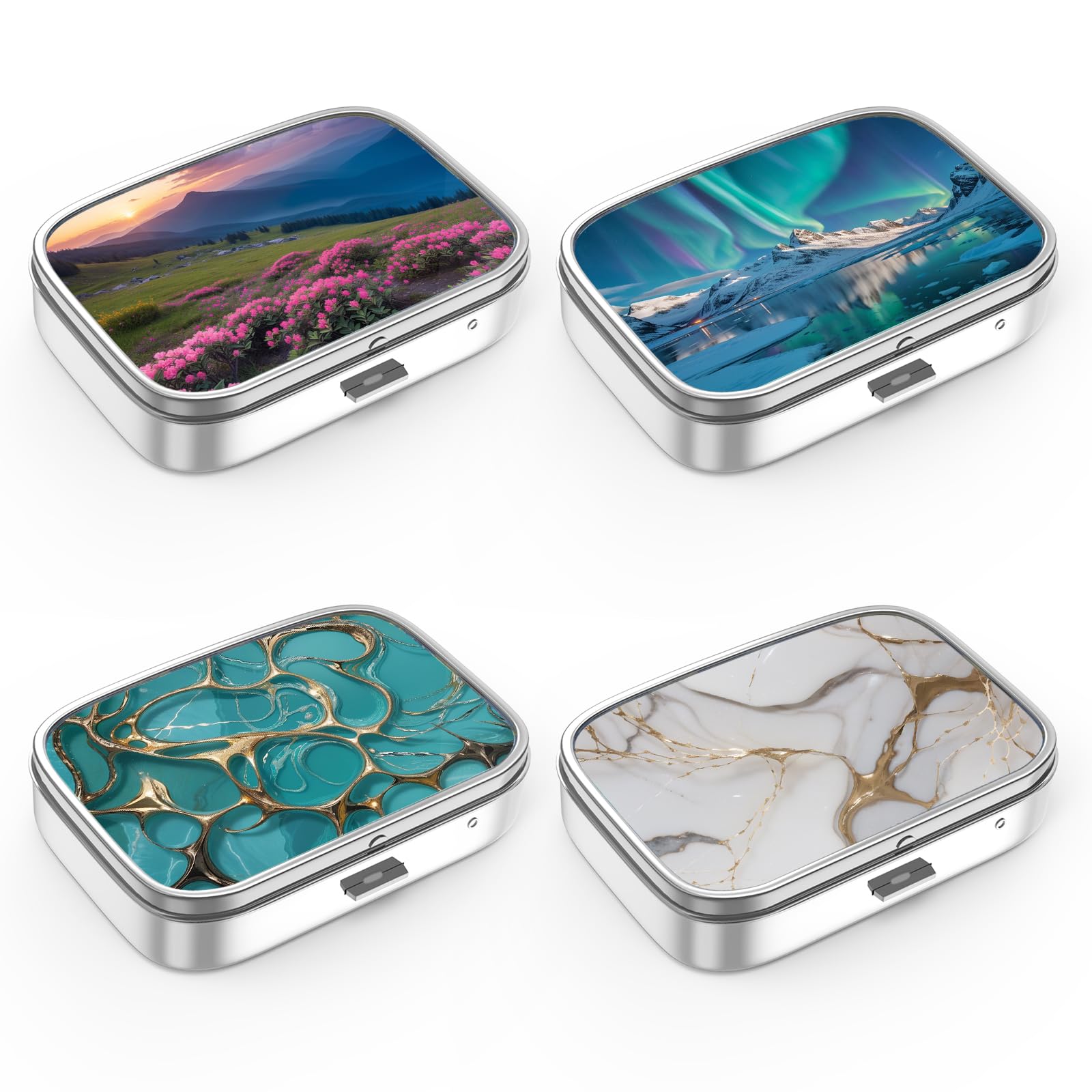 2 Compartment Metal Pill Organizer - Portable Medicine Case for Vitamins & Pills - Decorative Pocket or Purse Pill Box (4 Pack) - Perfect for Travel, Daily Medication & Unique Gifts