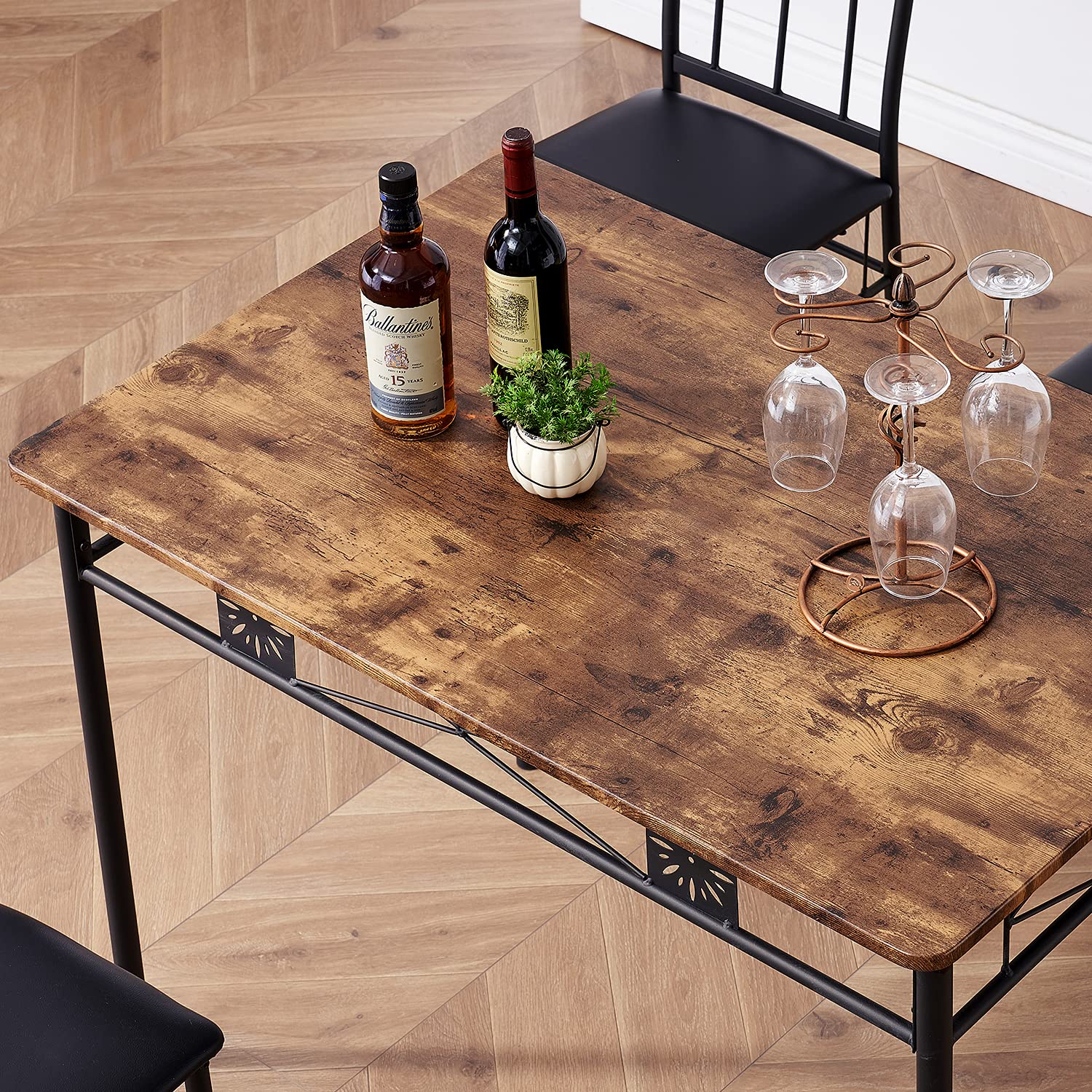 VECELO 5-Piece Retro Brown Kitchen Dining Table Set with 4 Chairs - Metal & Wood Rectangular Breakfast Nook for Small Spaces - Perfect for Apartments, Condos, and Cozy Family Meals