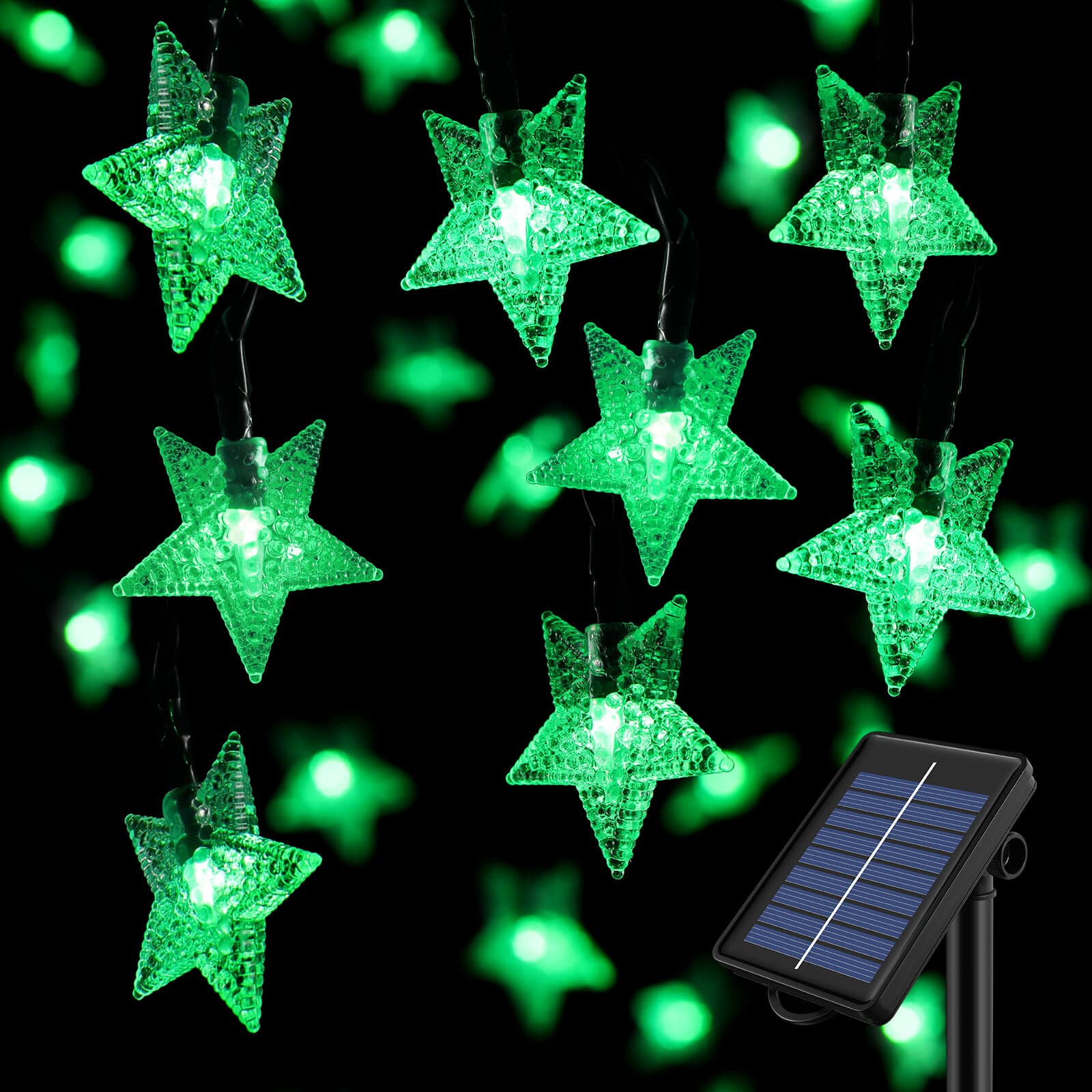 SEMILITS 50LEDs Solar String Lights - Crystal Star Christmas Lights for St. Patrick's Day, Garden, Patio Decor (Green) | Waterproof Outdoor Fairy Lights for Party, Wedding, Backyard & Holiday Decorations