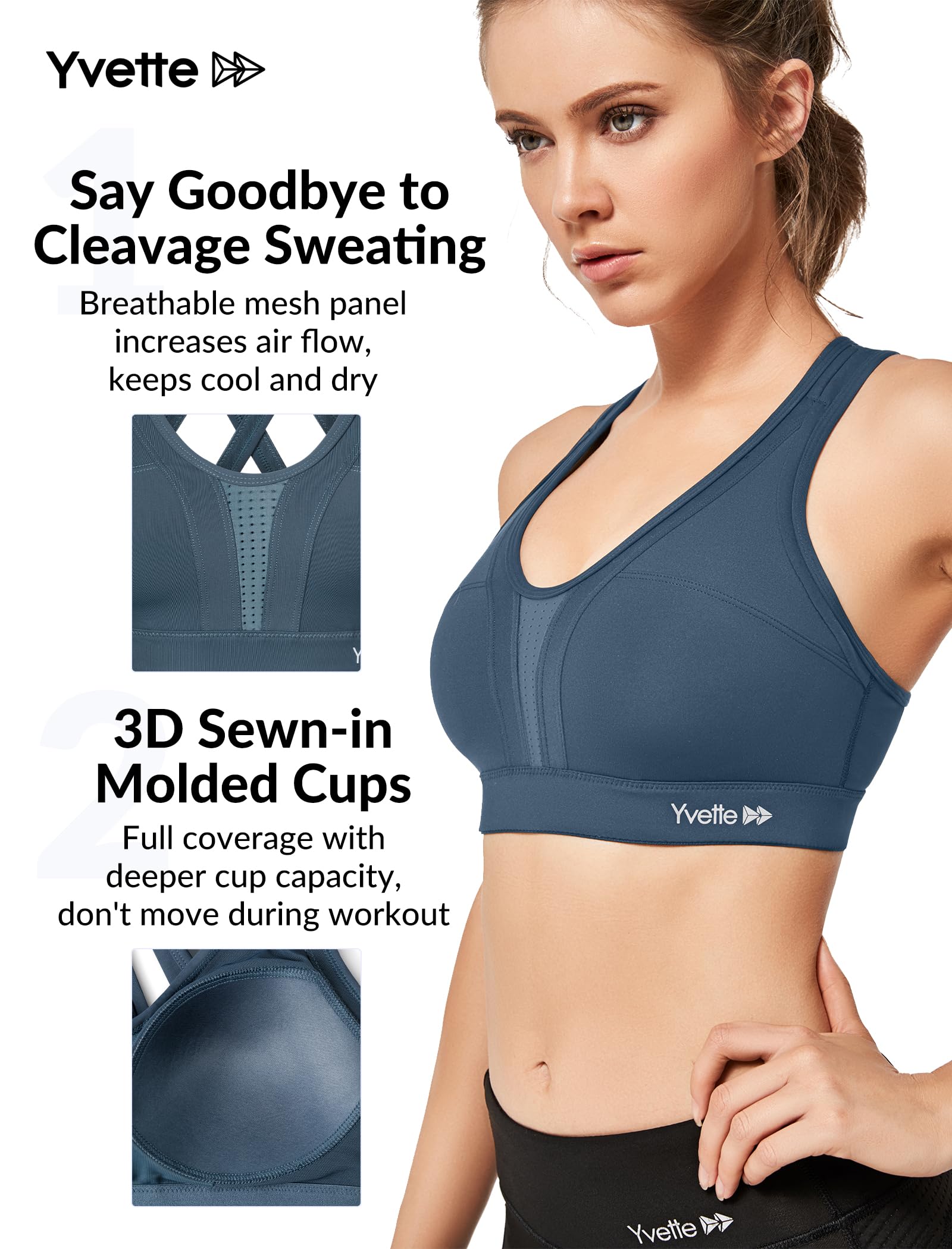 Yvette Women's High Impact Sports Bra - Criss Cross Back Supportive Running Bra for Plus Size - Perfect for Gym, Yoga & Intense Workouts