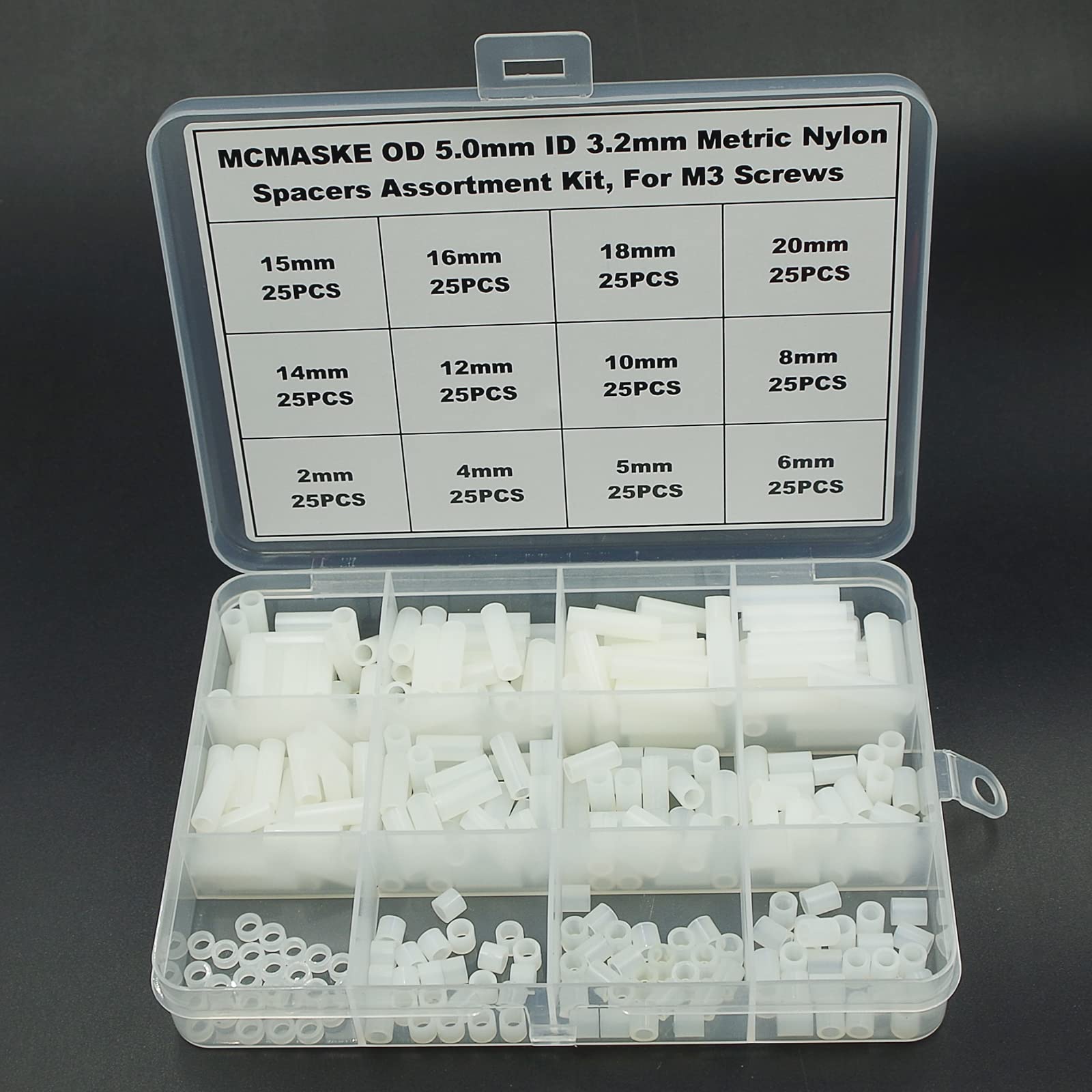 300PCS Nylon Round Unthreaded Spacers Standoffs Assortment Kit - OD 5mm ID 3.2mm for M3 Screws, Wall Plate Spacers, Clearance Spacers (White) - Perfect for Electronics, DIY Projects, 3D Printing & Furniture Assembly