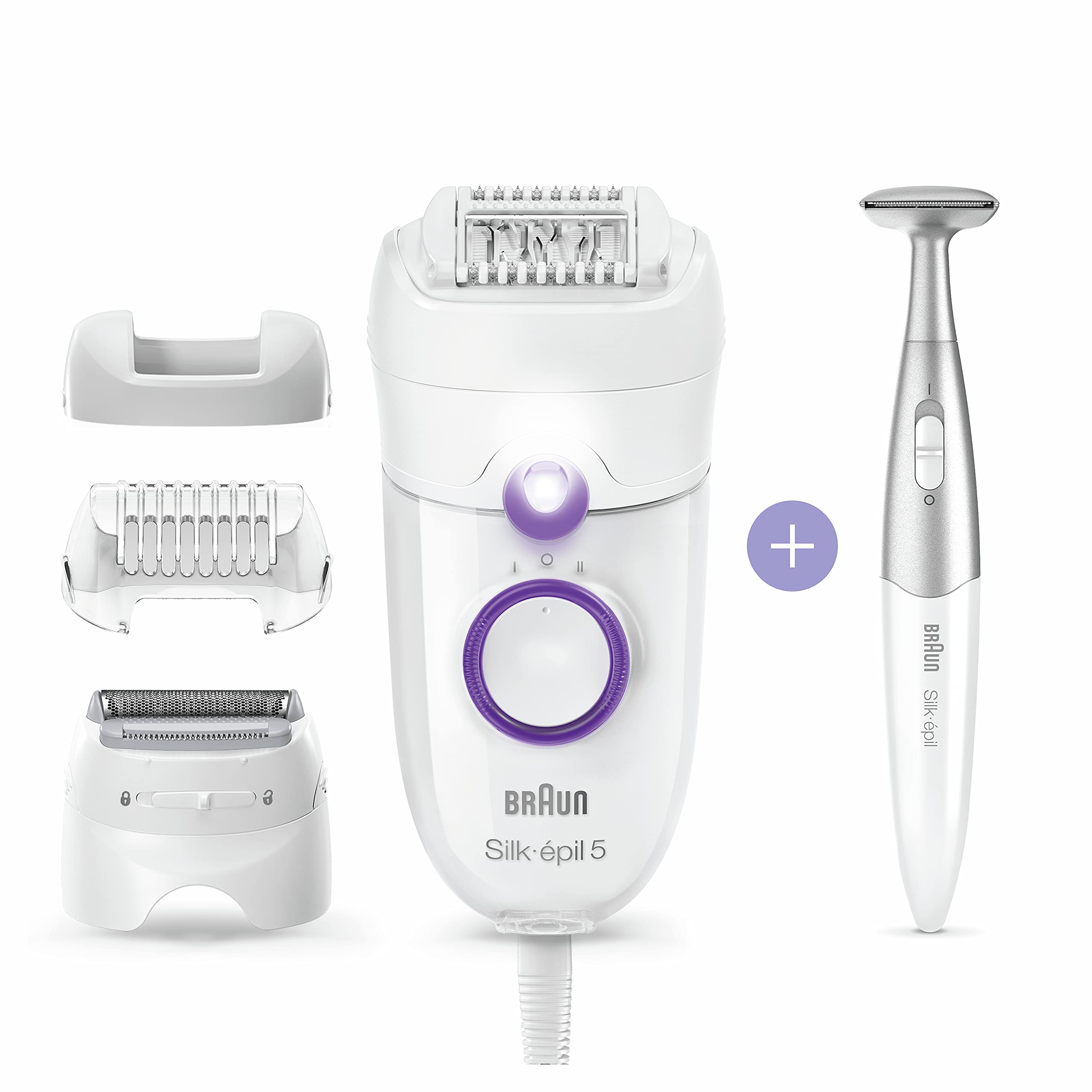 Braun Silk-épil 5 Power Epilator for Women - Electric Hair Removal Device with Shaver Head & Bikini Trimmer - Includes Mini Facial Hair Remover - Portable White/Purple Design - Perfect for Travel, Home Use & Smooth Skin Care